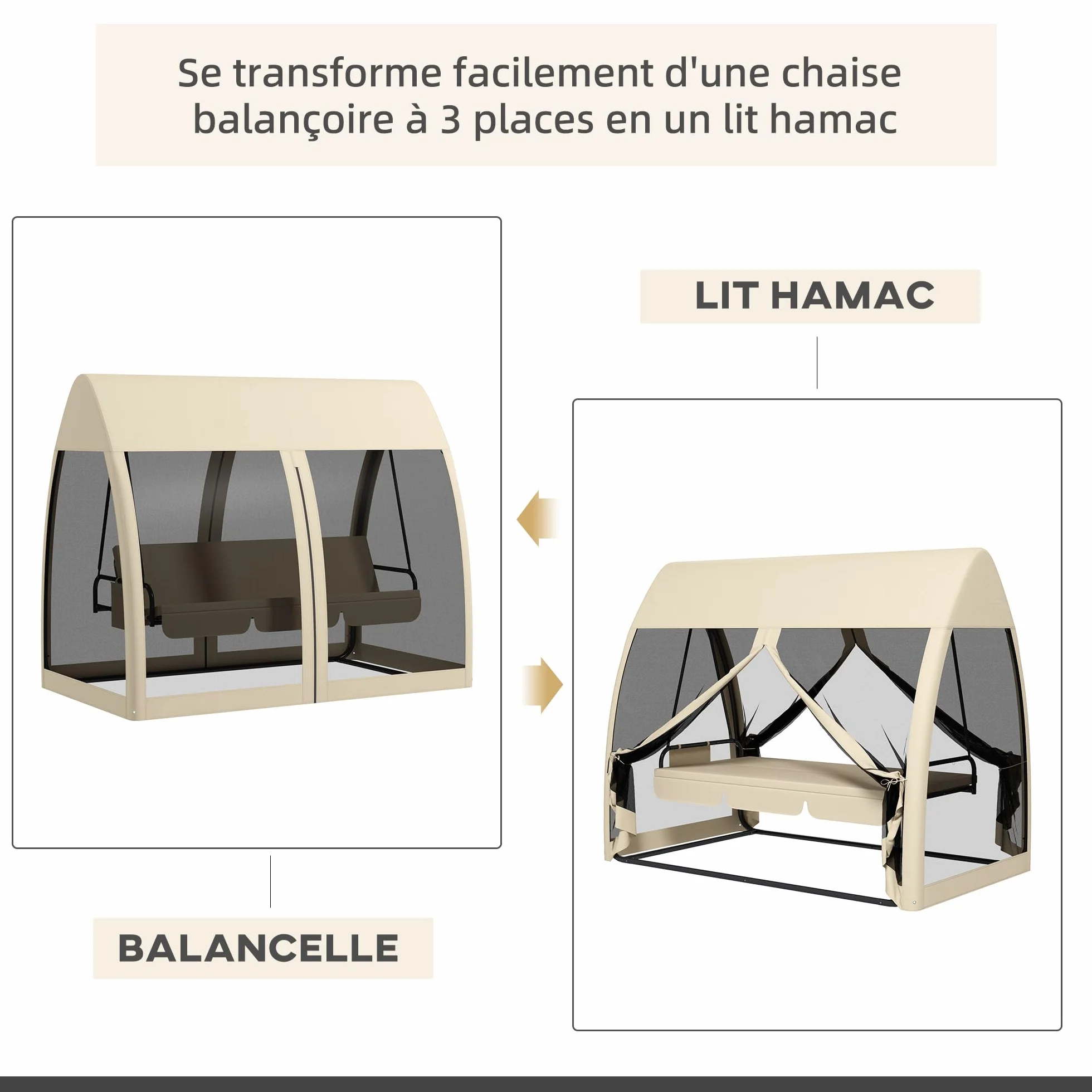 Outsunny Balancelle de Jardin Convertible 3 Places avec Auvent et Coussins, Beige