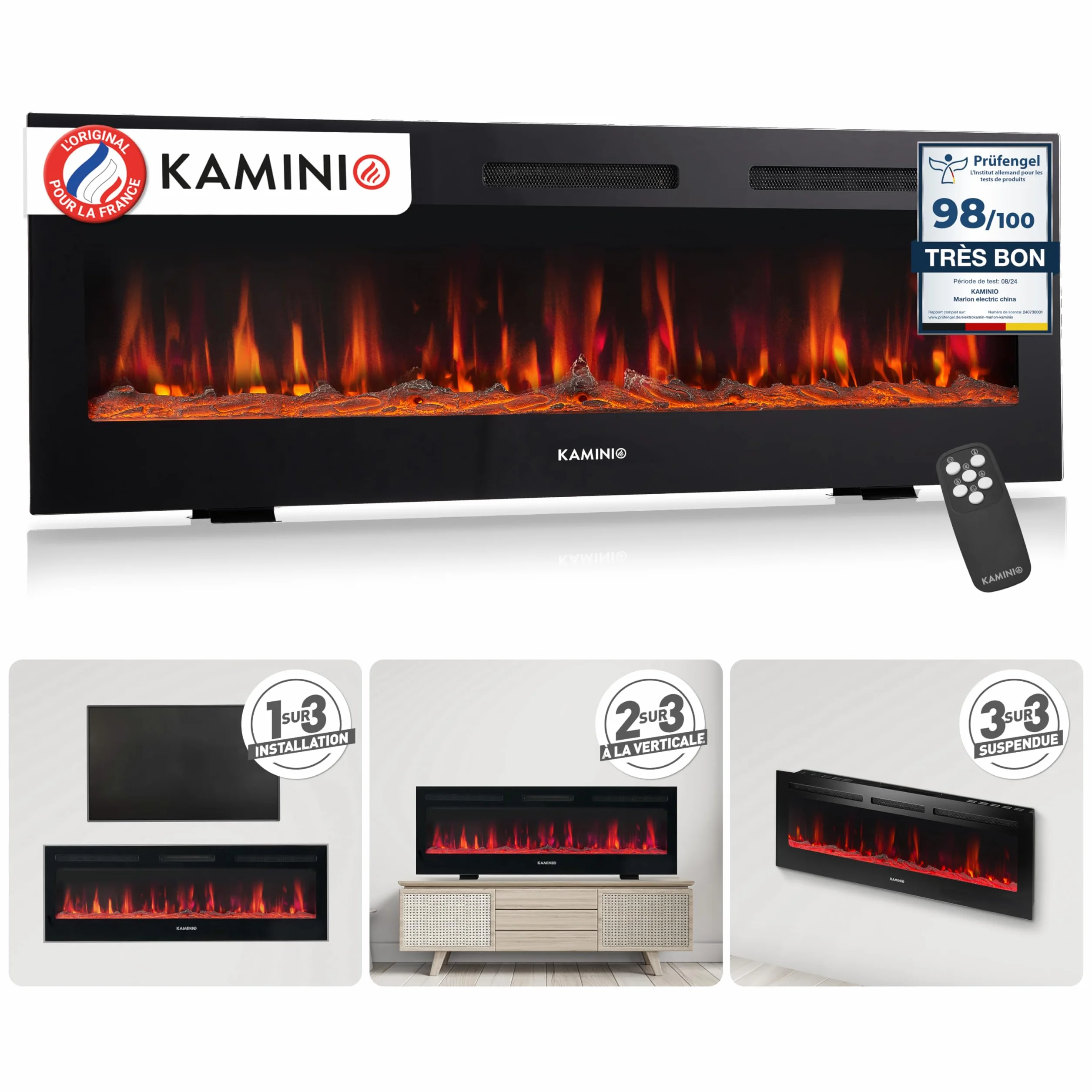 KAMINIO Cheminée Electrique Marlon - Cheminée Électrique 3-en-1 avec Chauffage, Effet de Flamme 3D, 12 Couleurs de Flammes, télécommande (60 Pouces)