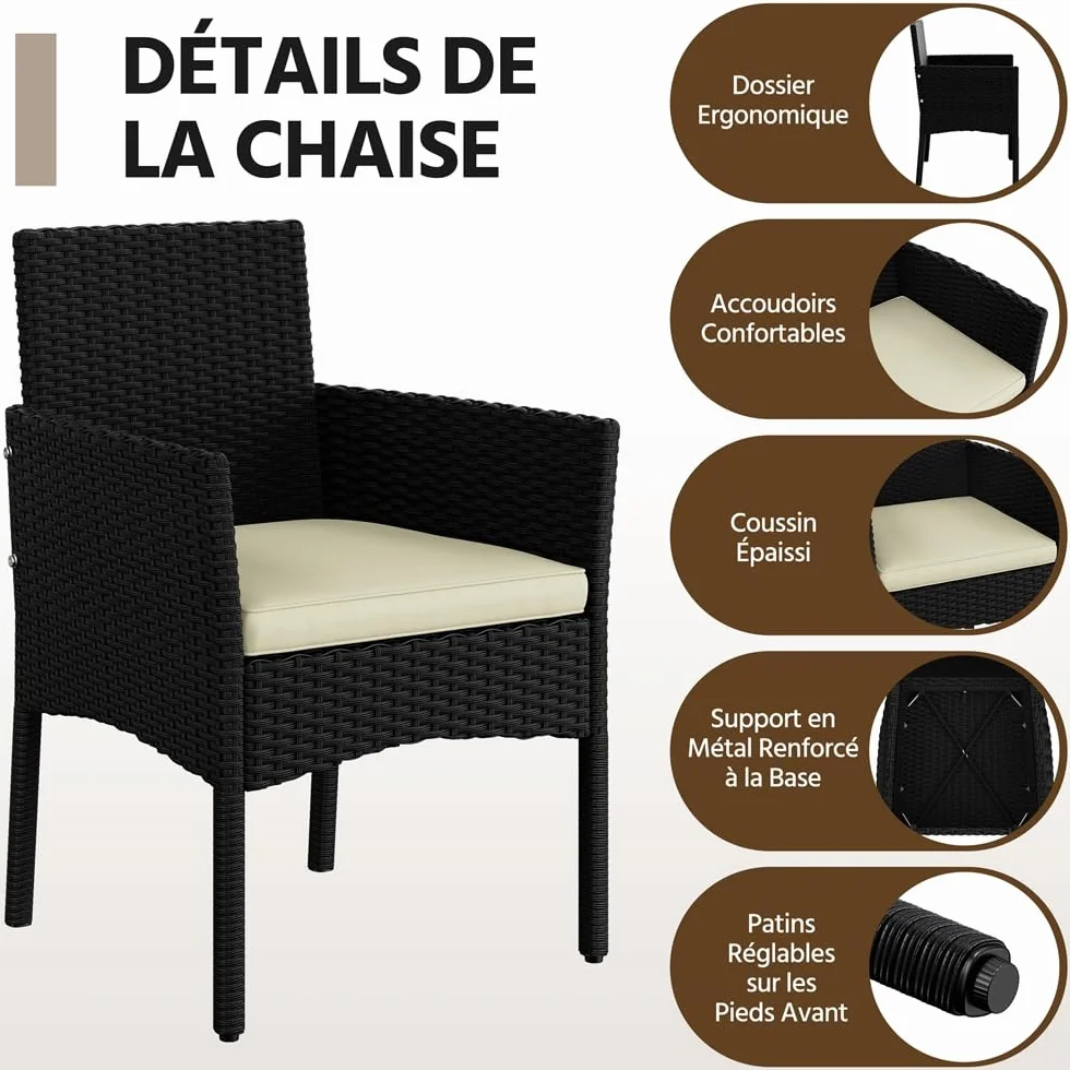 Yaheetech Salon de Jardin 4 Personnes Polyrotin Métal Mobilier d'extérieur 4 Pièces avec Coussin Canapé 2 Places 2 Fauteuils 1 Table Basse Noir/Beige
