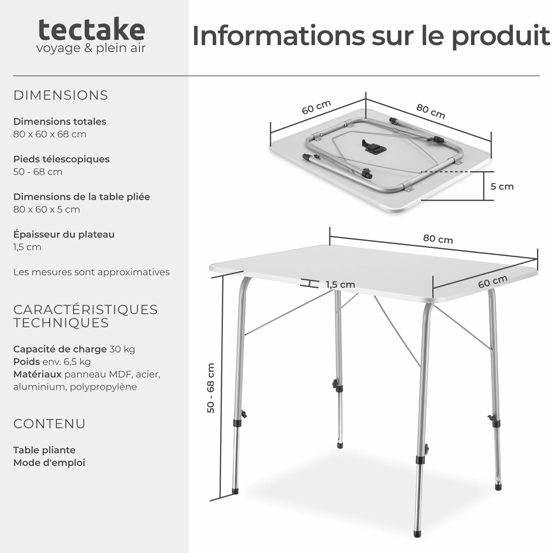 Tectake Table Pliante de Pique Nique 80 x 60 x 68 cm Aluminium Camping Exterieur Légère Compacte