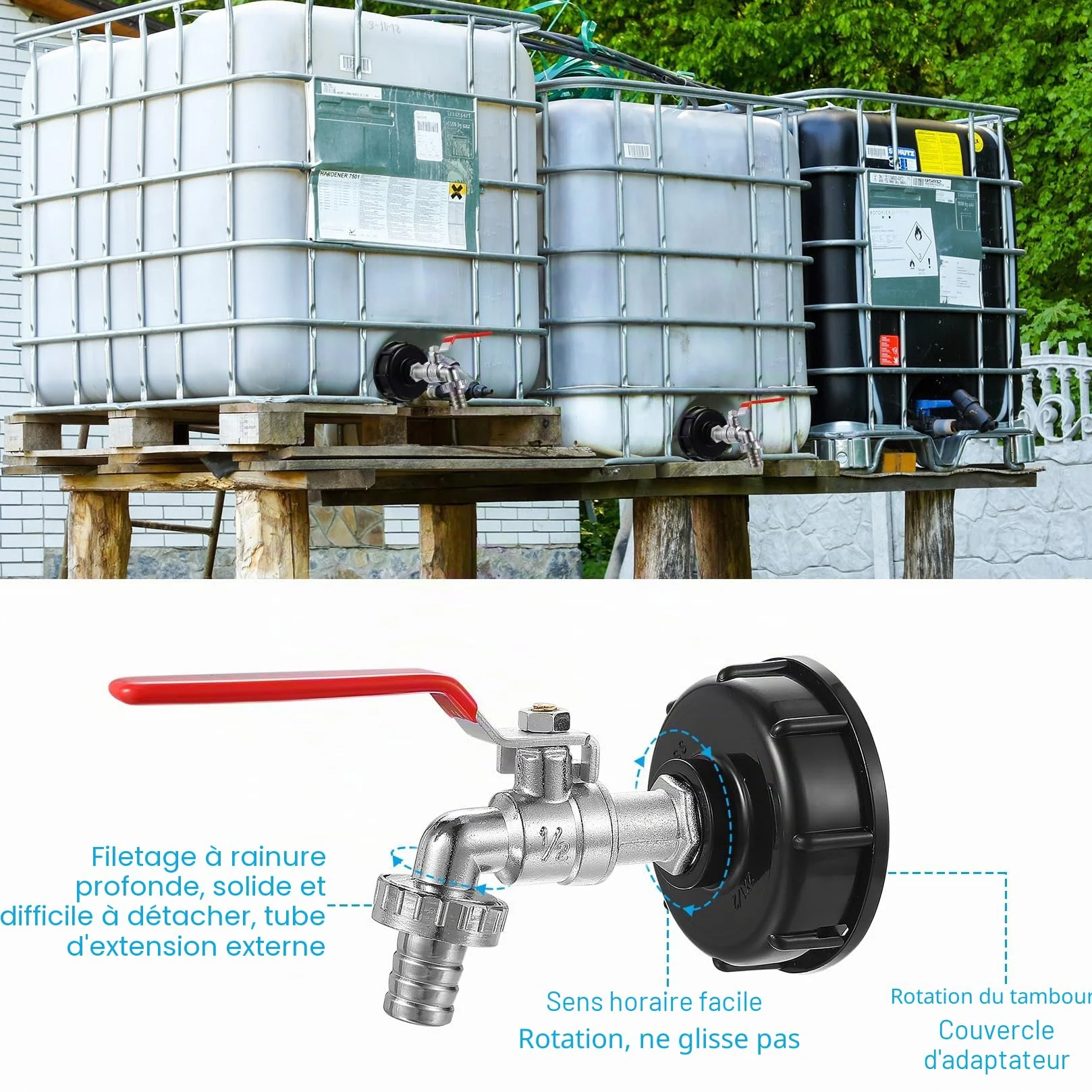 Robinet de Vidange IBC 1000L avec Adaptateur S60x6 1/2 Pouce, Robinet Antidérapant et Étanche