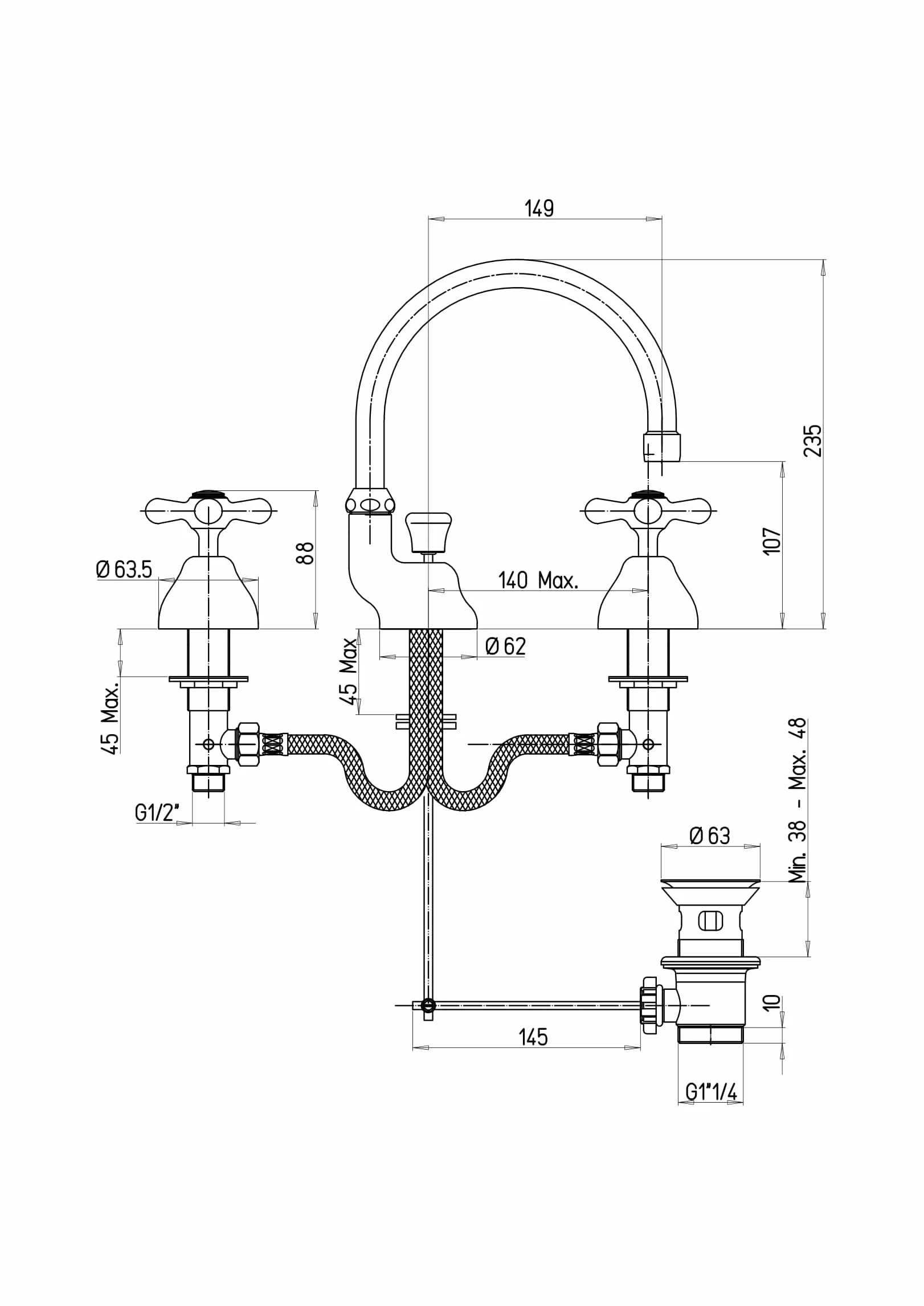 Robinet à batterie de lavabo 3 trous Liberty 214 chromé bec orientable poignées en croix Italie