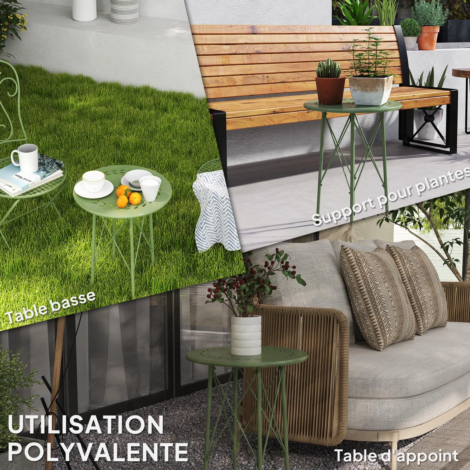 Outsunny Petite Table d'appoint Ronde de Jardin en Acier Vert avec découpe Fleur Feuilles