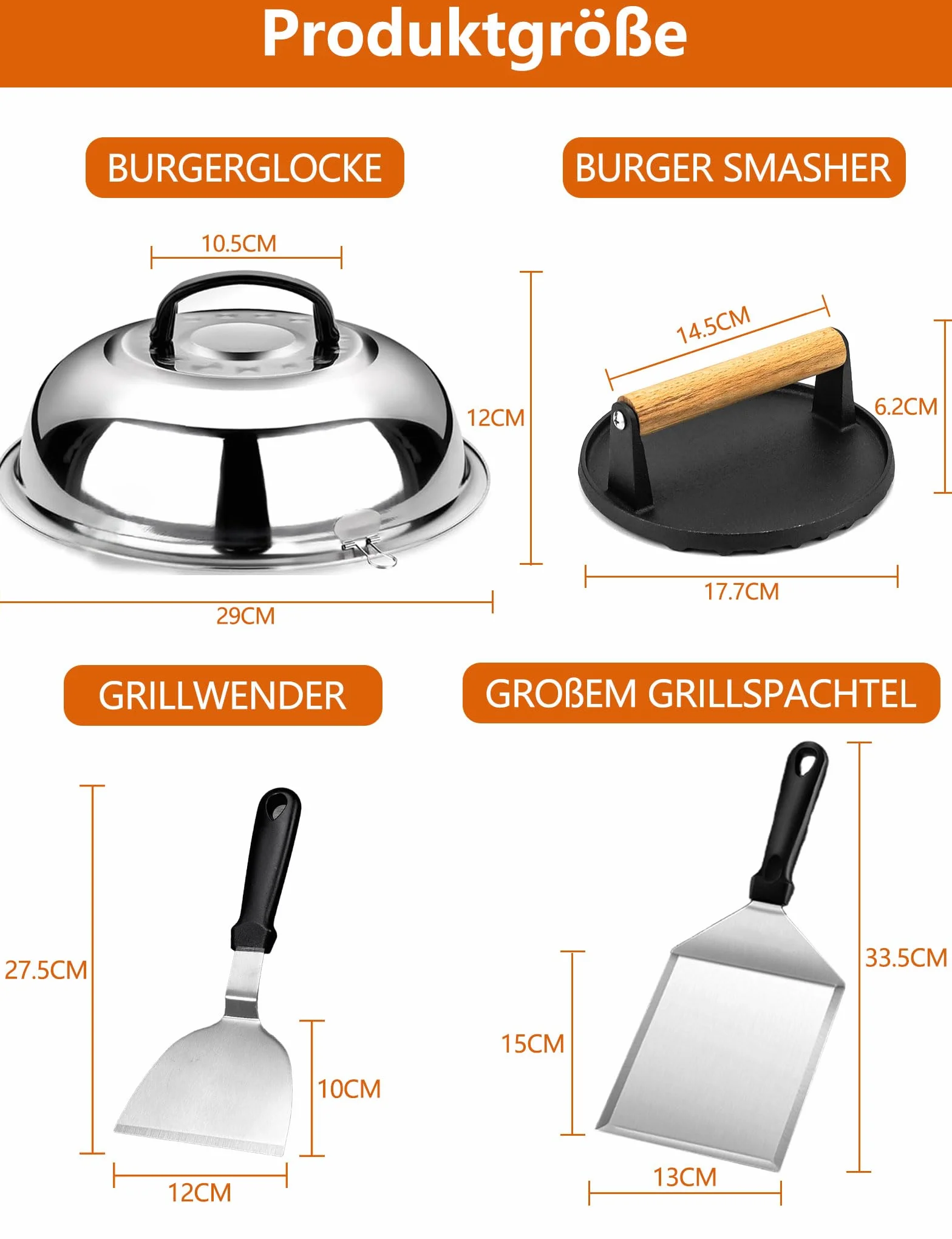 Kit Ustensiles Barbecue 4 pièces avec Presse Burger Fonte et Spatules Coudée Acier Inoxydable Cloche Plancha Smash Burger Press Set BBQ