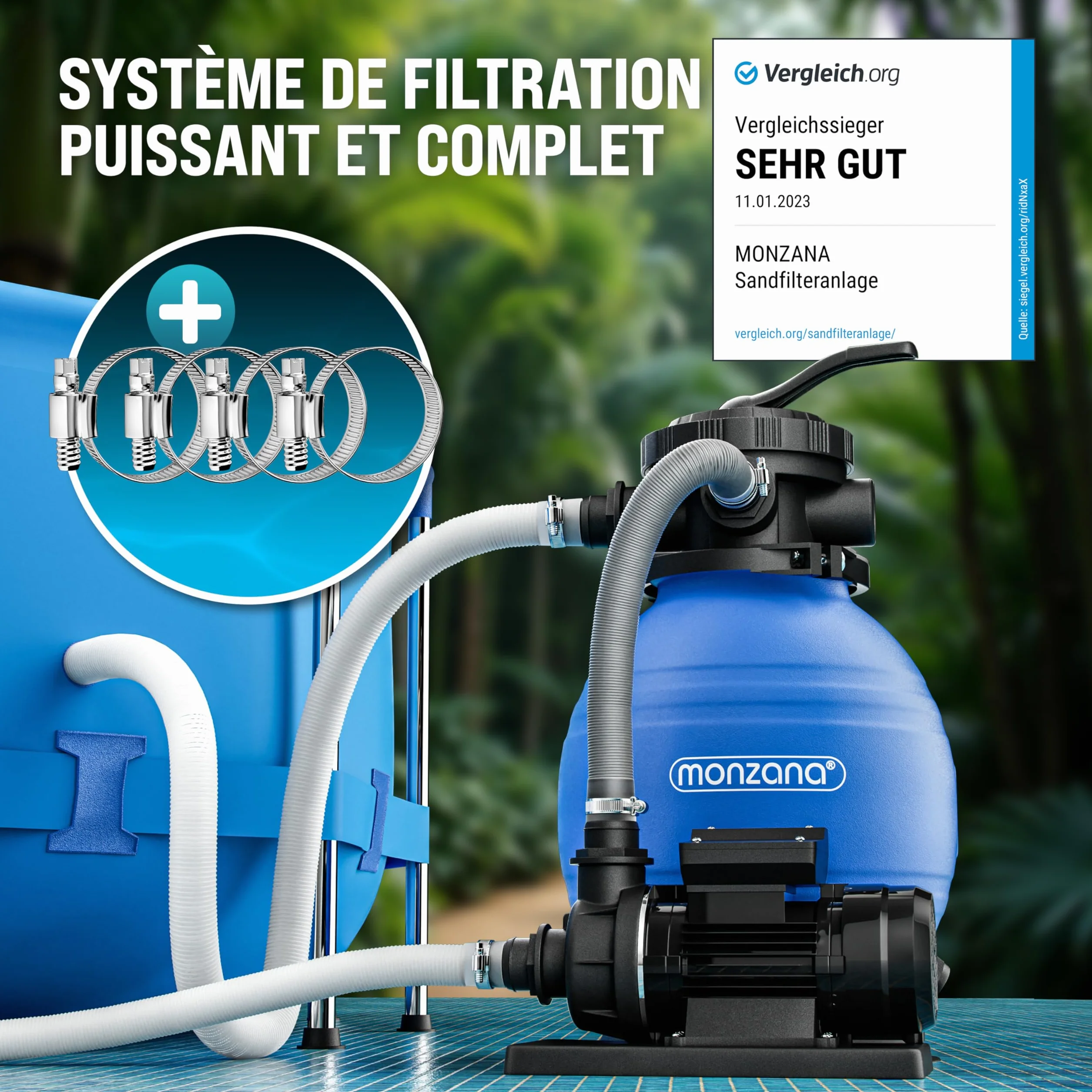 MONZANA Pompe filtre à sable 10,2 m³ auto-amorçante pour piscines jusqu'à 35 m³ certifié TÜV vanne 7 voies raccord 2en1 Ø32-38mm