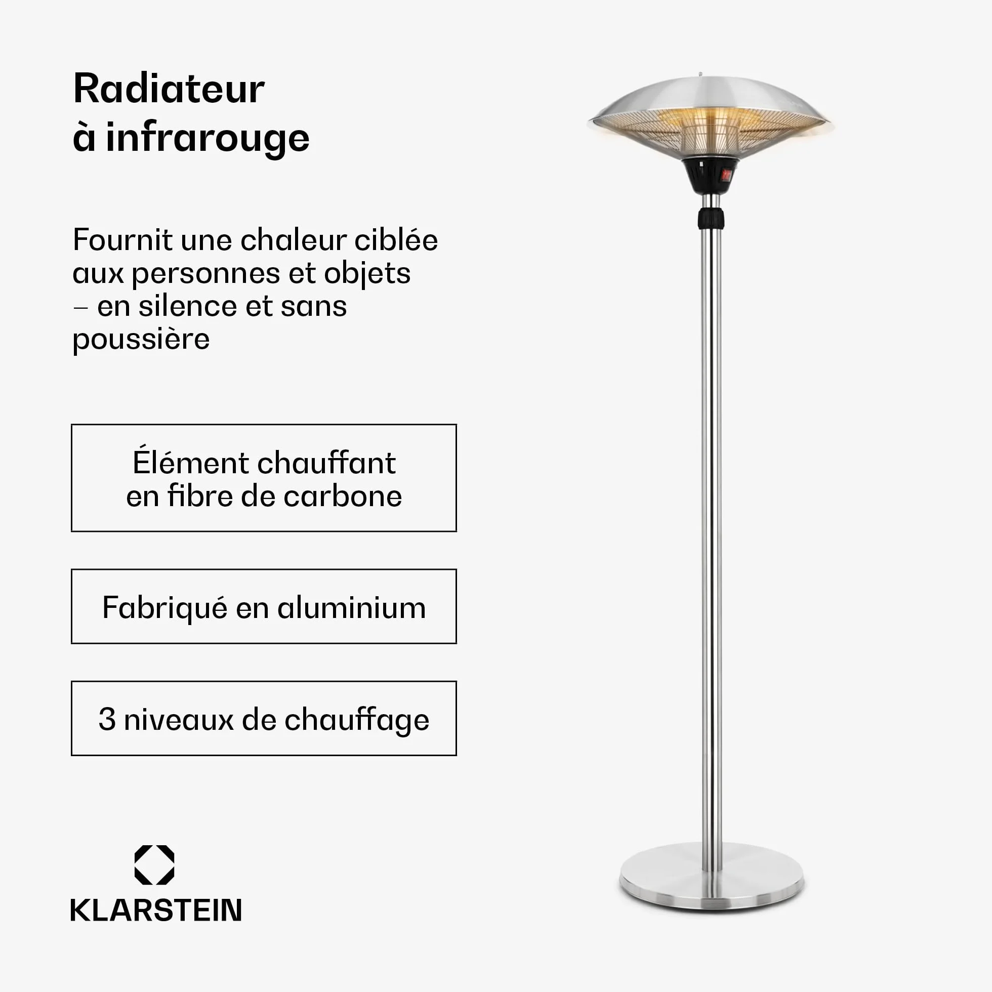 Blumfeldt Heat Guard Parasol - Chauffage extérieur infrarouge 2100W, Radiateur sur pied, IP44 Argent