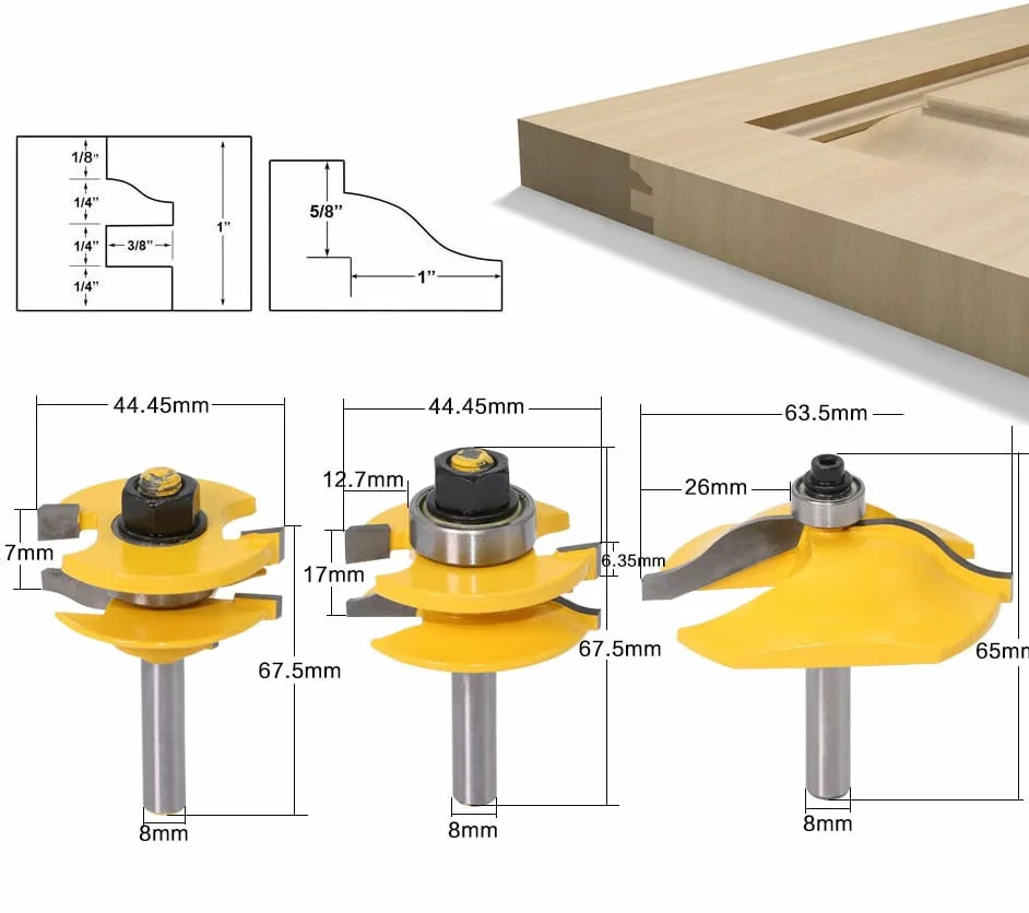 APLUS Fraise à Rainurer, Ogee Rail & Ogee Raised Panel [ 8 mm ], Fraise à Bois pour Outils de Menuiserie (Diamètre 8 mm)