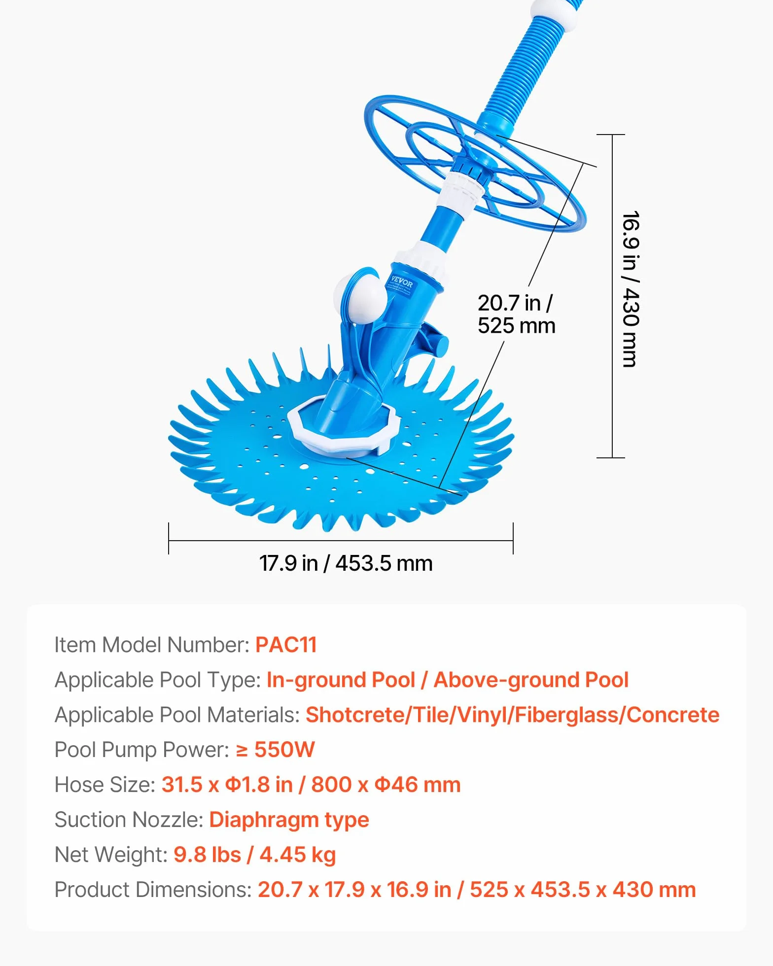 VEVOR Aspirateur de piscine à aspiration automatique, 12 tuyaux, nettoyeur pour piscines creusées et hors sol jusqu'à 6,1 x 10,7 m