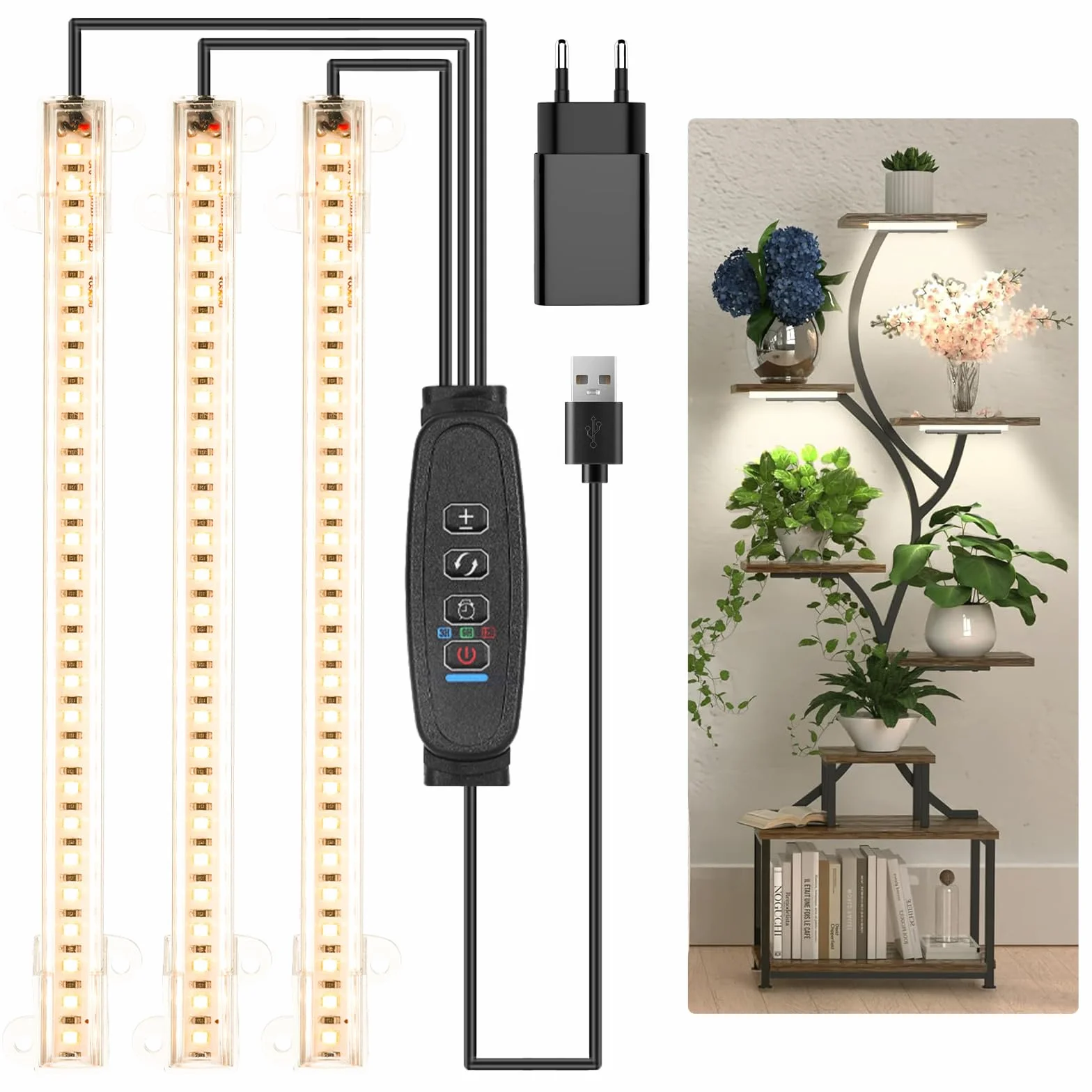 Bande LED croissance plantes spectre complet 3500 K 3 têtes 22 cm minuterie 3/9/12 h 10 niveaux variation