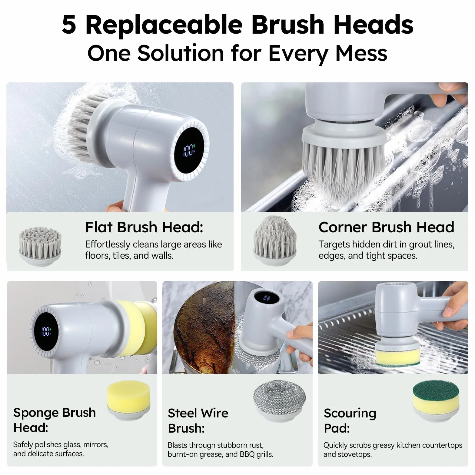 JTF Brosse Nettoyage Electrique 5 en 1,Brosse Rotative Nettoyage avec Écran LED,5 Brosses,2 Vitesses Réglables,pour Salle de Bain,Cuisine,Vaisselle,Carrelage,Fenêtre (Gris)