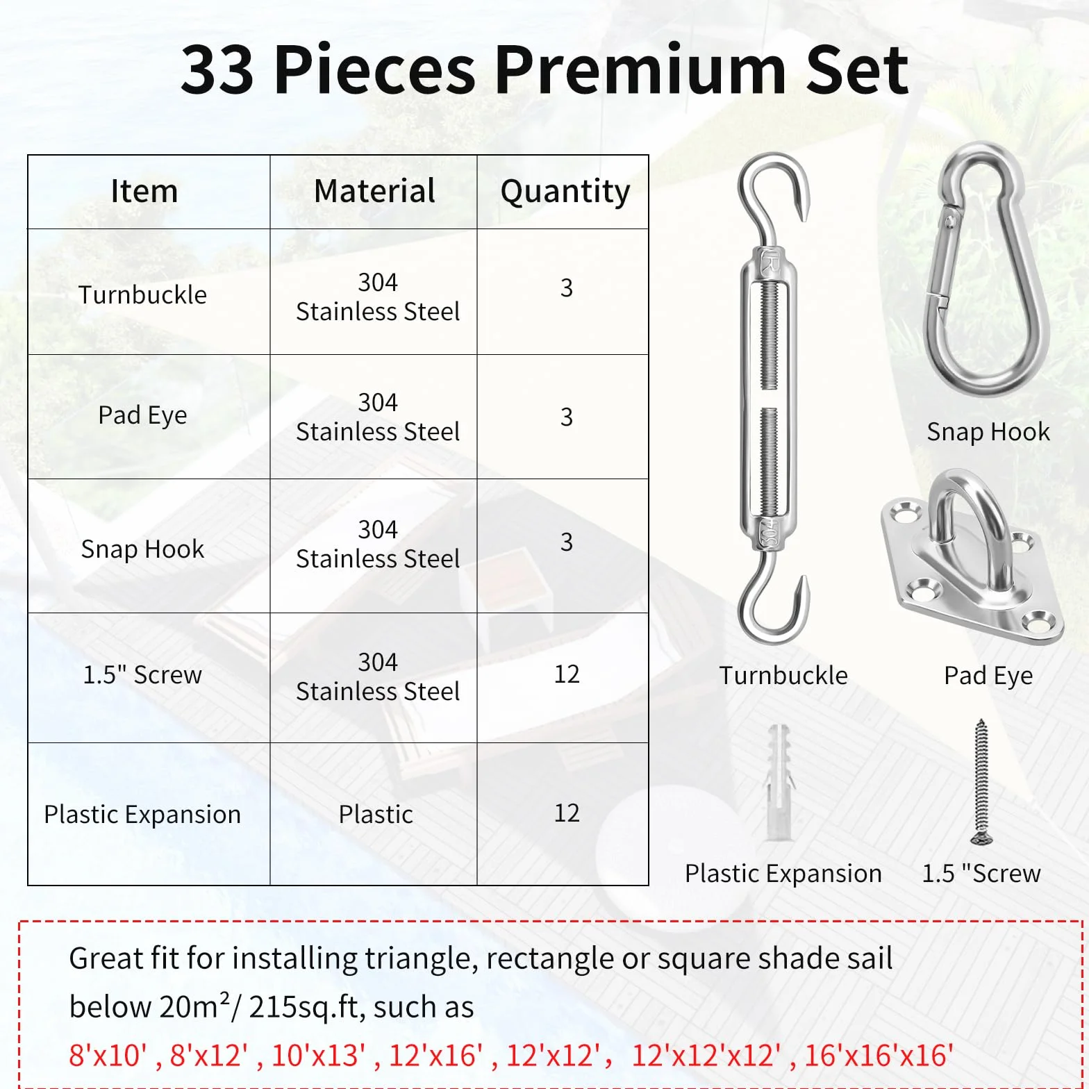 Kit de fixation pour voile d'ombrage en acier inoxydable M6 avec crochets et tendeurs