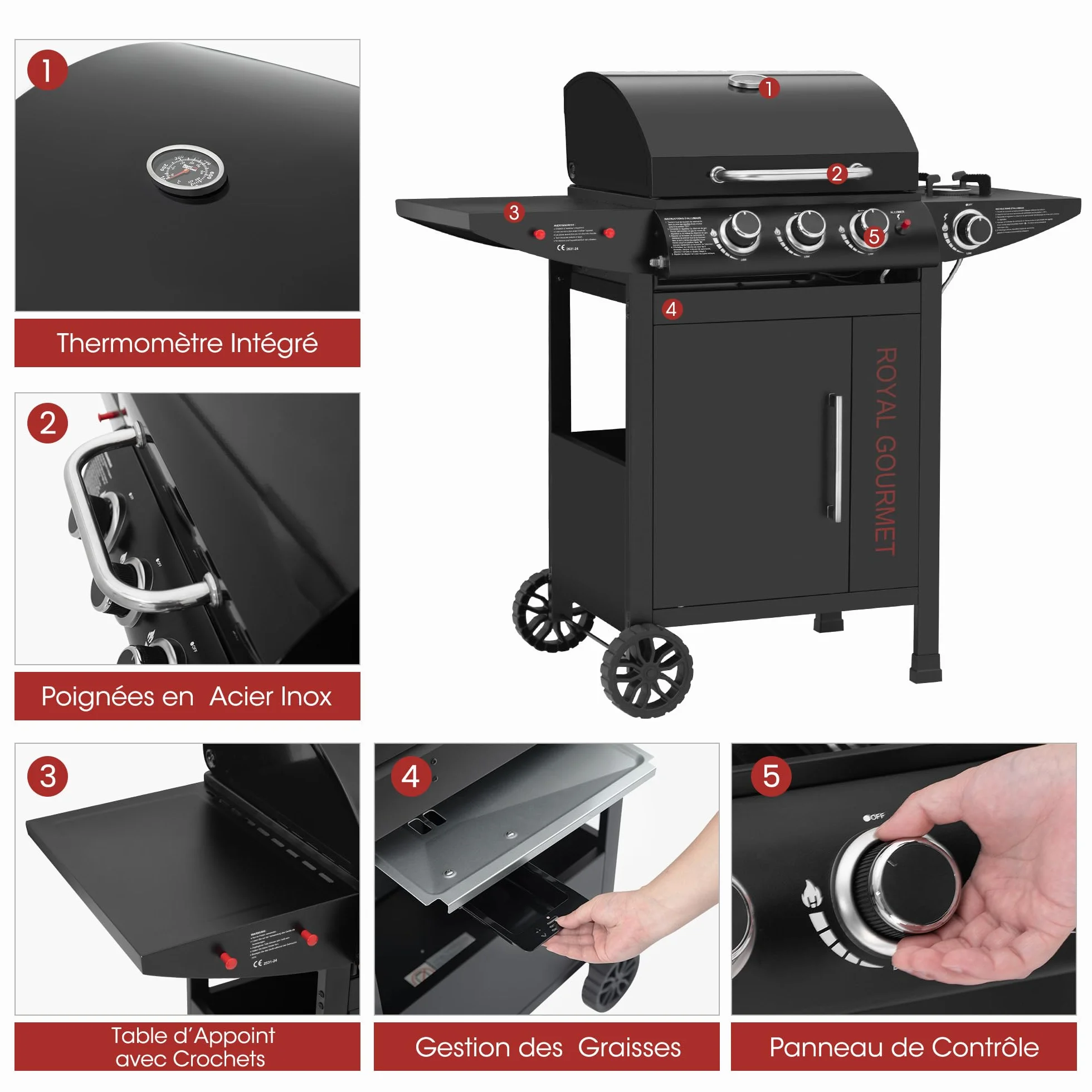 Royal Gourmet Barbecue Gaz 3+1 Brûleurs Acier Inoxydable Gril sur Chariot 11,5 KW avec Tablette Thermomètre Noir