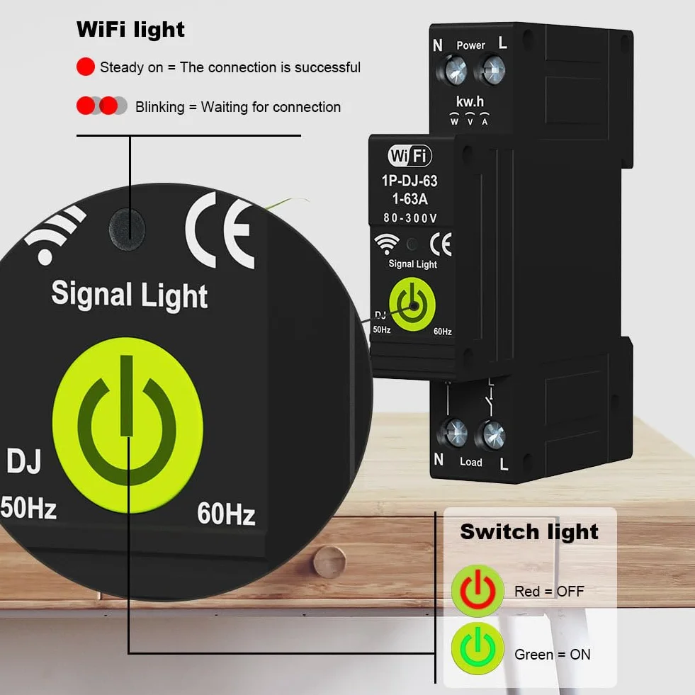 WiFi Disjoncteur intelligent ON OFF Timing Photovoltaïque Bidirectionnel Compteur d'énergie Protecteur de réenclenchement automatique avec mesure et fonction prépayée Compatible avec Alexa et Google