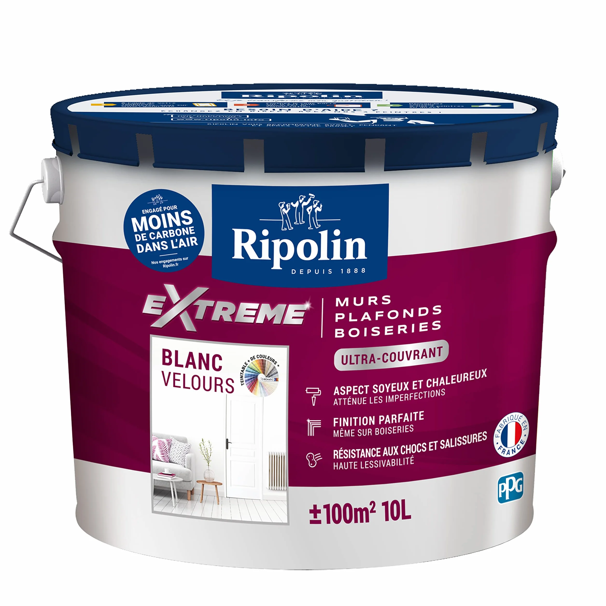 RIPOLIN - Peinture Monocouche pour Murs, Boiseries & Radiateurs - Intérieur - Finition Parfaite - Haute Résistance aux Chocs & Salissures - Lessivable - Velours - 10L - Blanc
