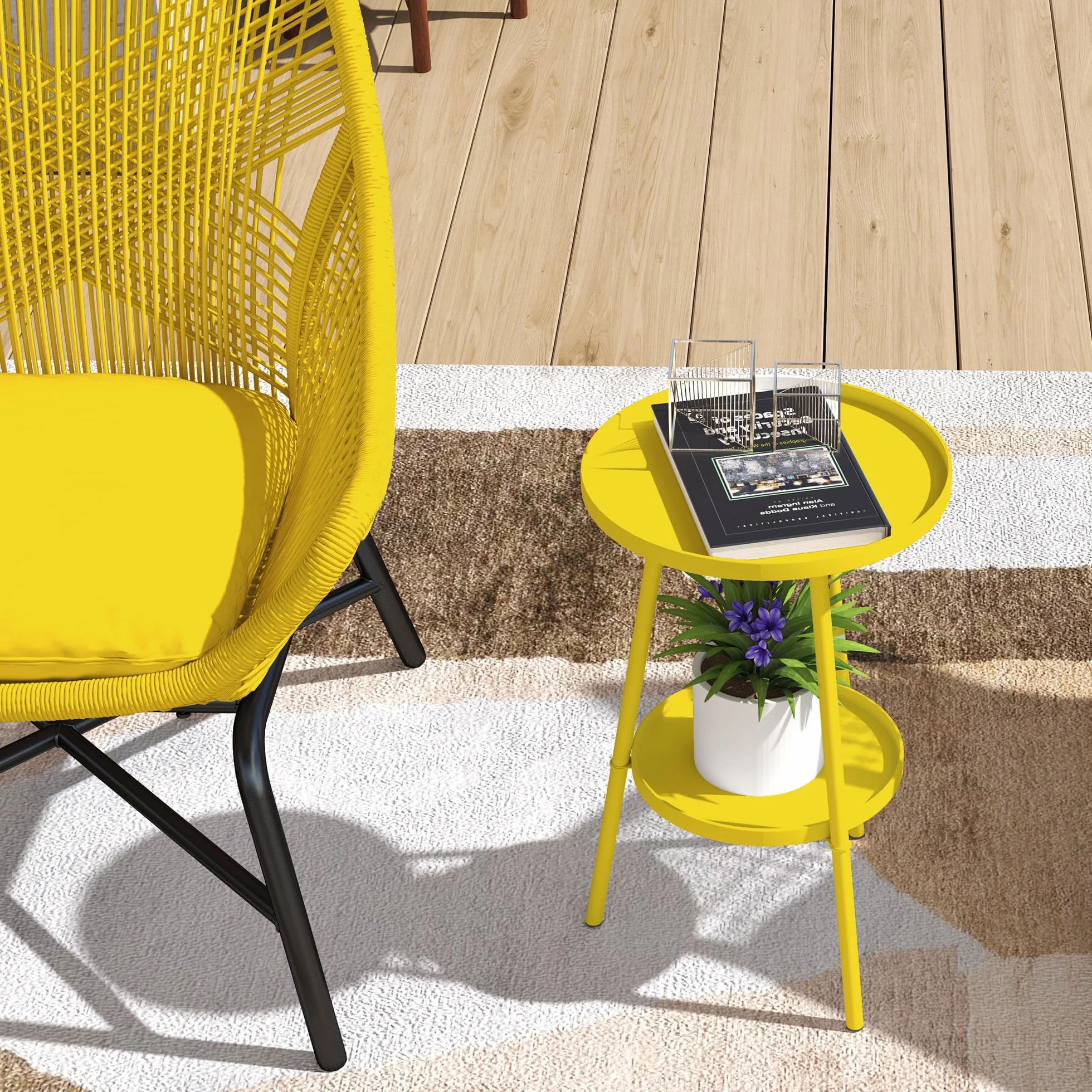 Outsunny Petite Table d'appoint Ronde à 2 Niveaux, Table de Jardin, en métal, Jaune