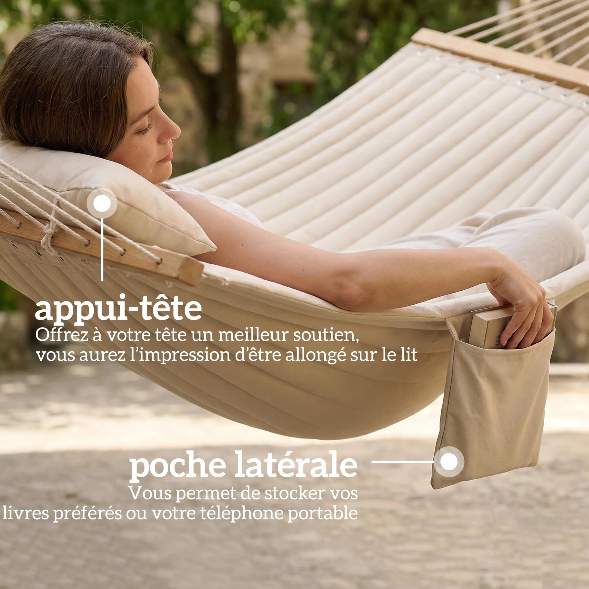 Outsunny Hamac Suspendu 325 cm avec Oreiller Extra-Long, Tissu Matelassé, Barres Anti-basculement Hêtre Courbées