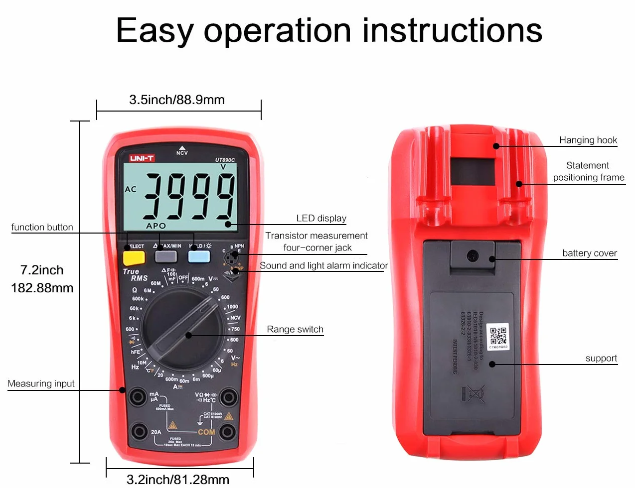 Multimètre, UT890C Multimètre Numérique True RMS 6000 Compte Ampèremètre Voltmètre Tension AC/DC Résistance Courant Capacité Fréquence Testeur mètre de température de Mesure avec Sonde LCD