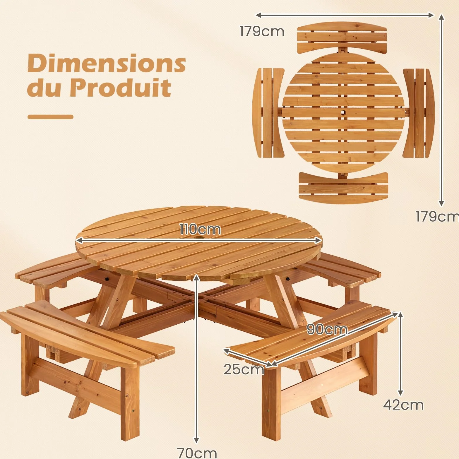 COSTWAY Table de Pique-Nique Bois 2-8 Personnes Set Jardin Bancs Circulaire 4 Bancs Intégrés Parasol 5 cm Jaune 179x179x70 cm