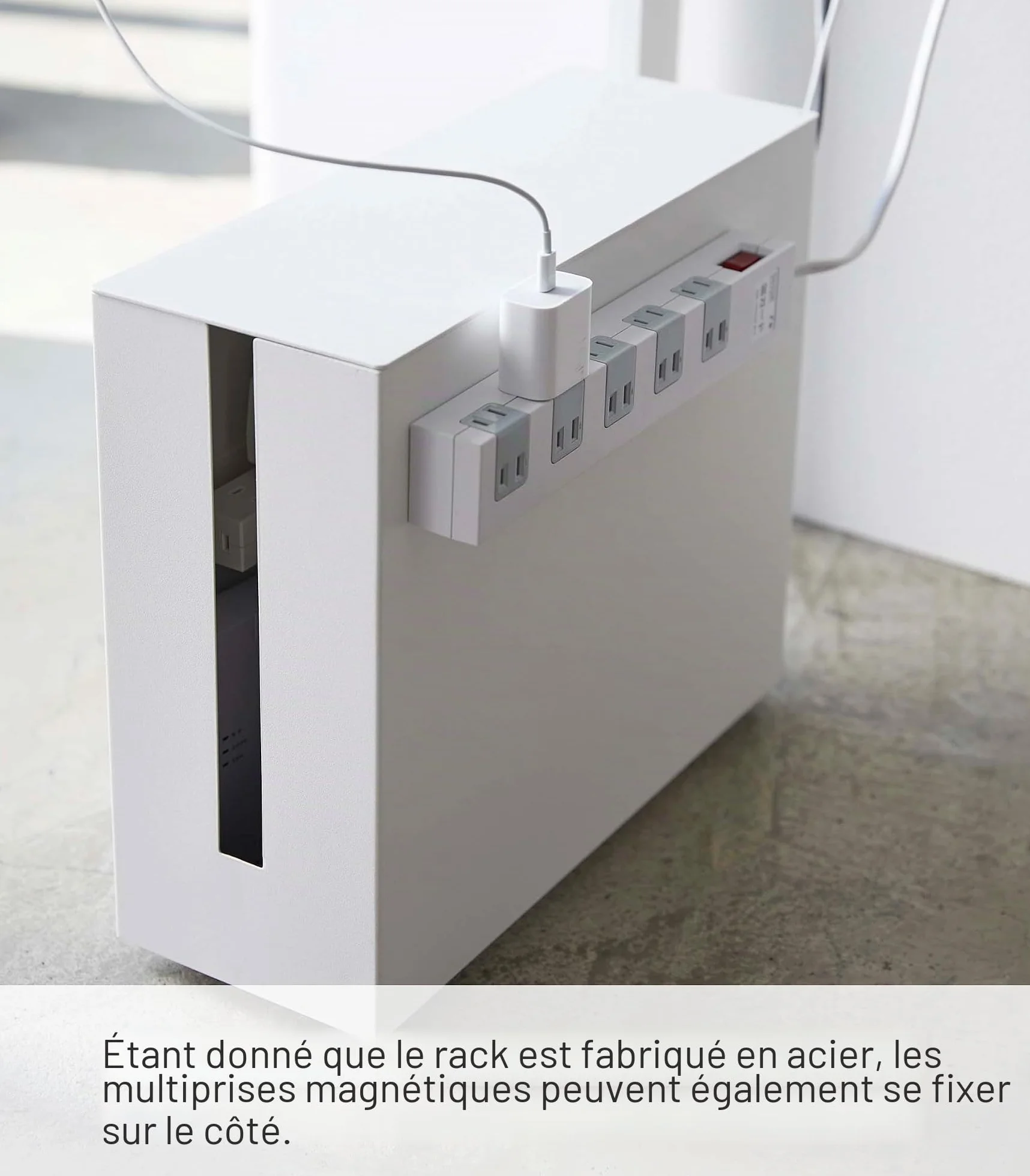Yamazaki Tower Boîte Rangement pour câbles, en Acier - avec roulettes, Solution Gestion des câbles, Bureau, Organiser Les Prises - 40 x 15 x 34,5 cm, Design Japonais, Blanc