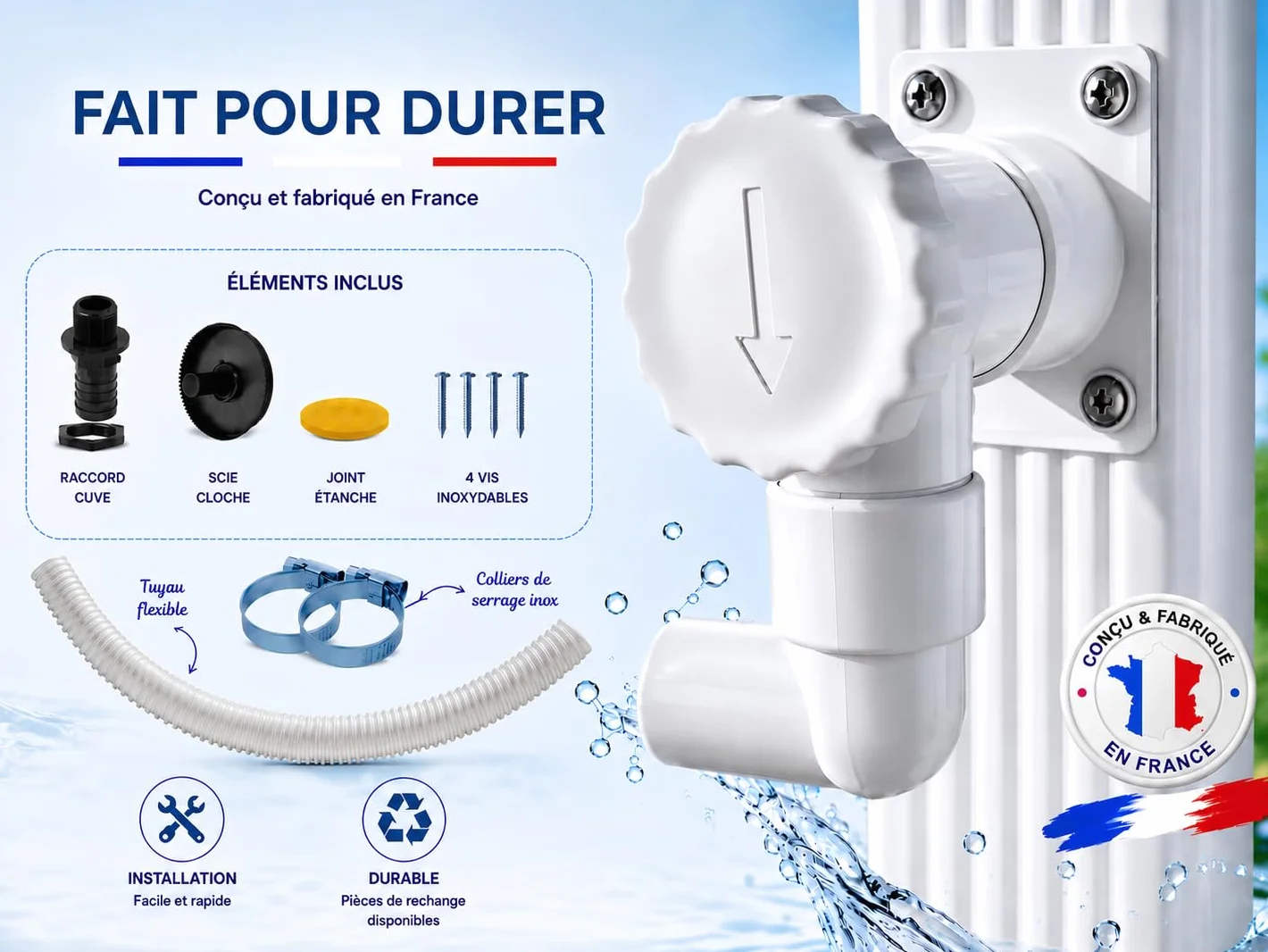 Collecteur d'eau de Pluie Kit Complet 60x80 mm Blanc Fabrication Francaise