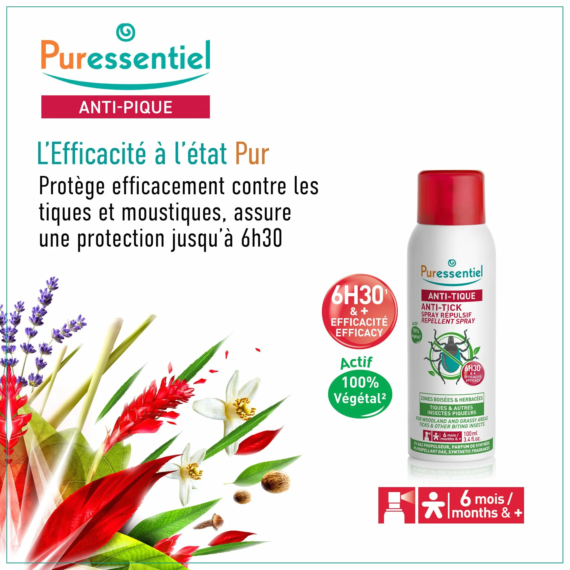 Puressentiel Spray Répulsif Anti-Tiques 100 ml – Protection forêt randonnée – Actif végétal eucalyptus citronné