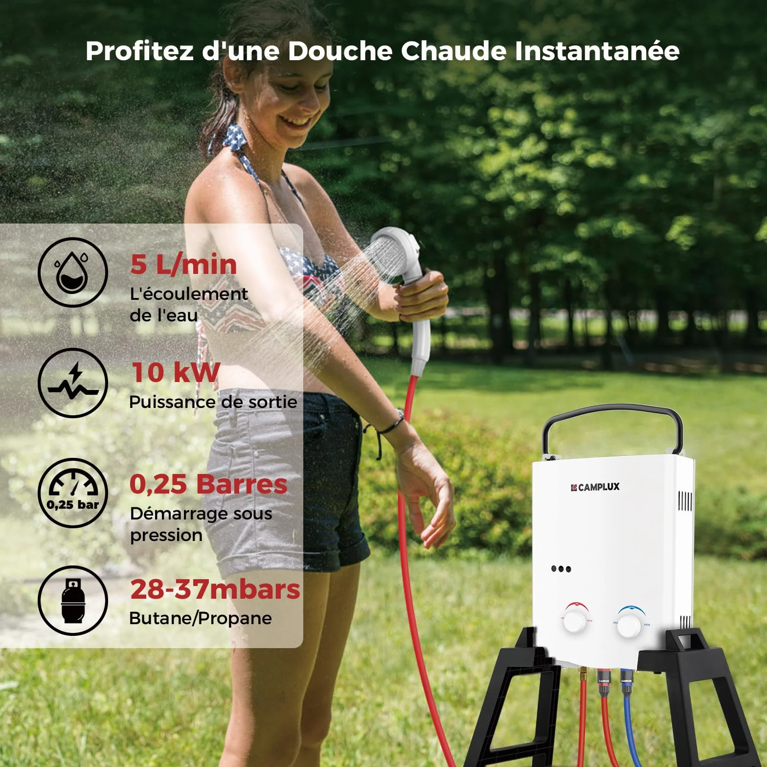 CAMPLUX AY132Max Chauffe-eau à Gaz 5 Litres Pompe à Eau Support Portatif Instantané Propane 37 mbar Butane 28-30 mbar