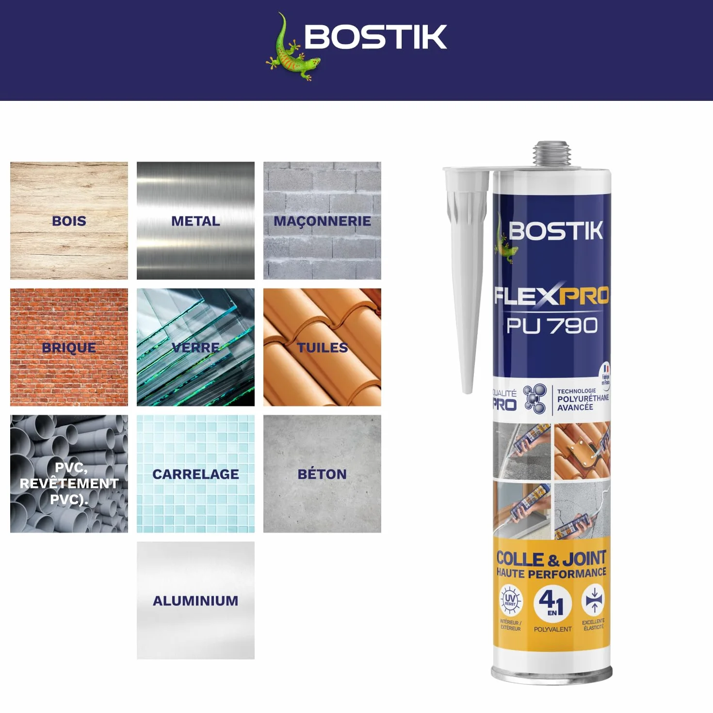 Bostik Colle Flexpro PU 790 Blanc – Mastic Colle et Jointe Multi-Usages – Tous Matériaux – Intérieur/Extérieur et Milieux Humides – Formule Polyuréthane Haute Performance – 300 ml