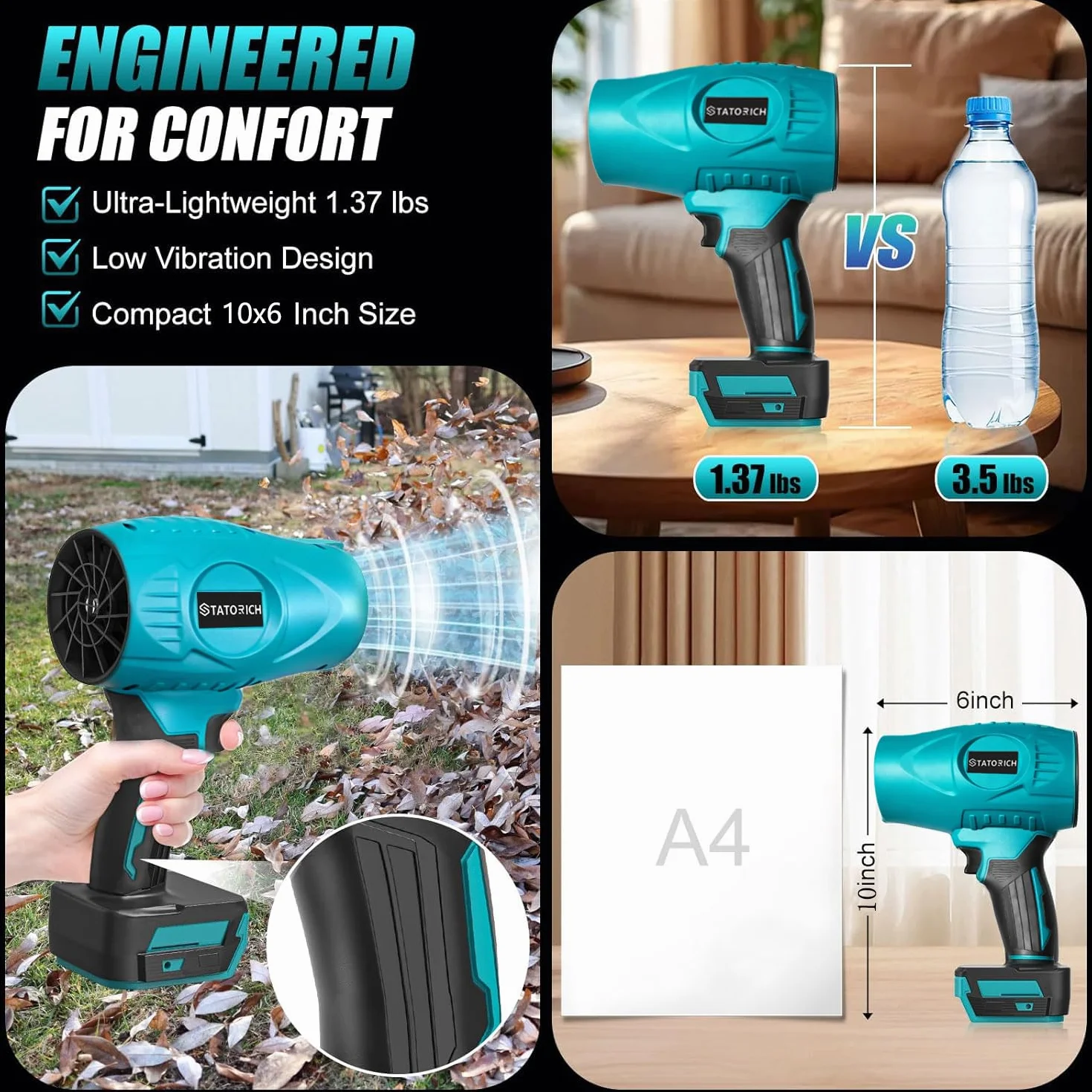 Souffleur de Feuilles sans Fil 500.000 TR/Min 60 m/s, Moteur Brushless, 2 Batteries 3.0 Ah, Portable