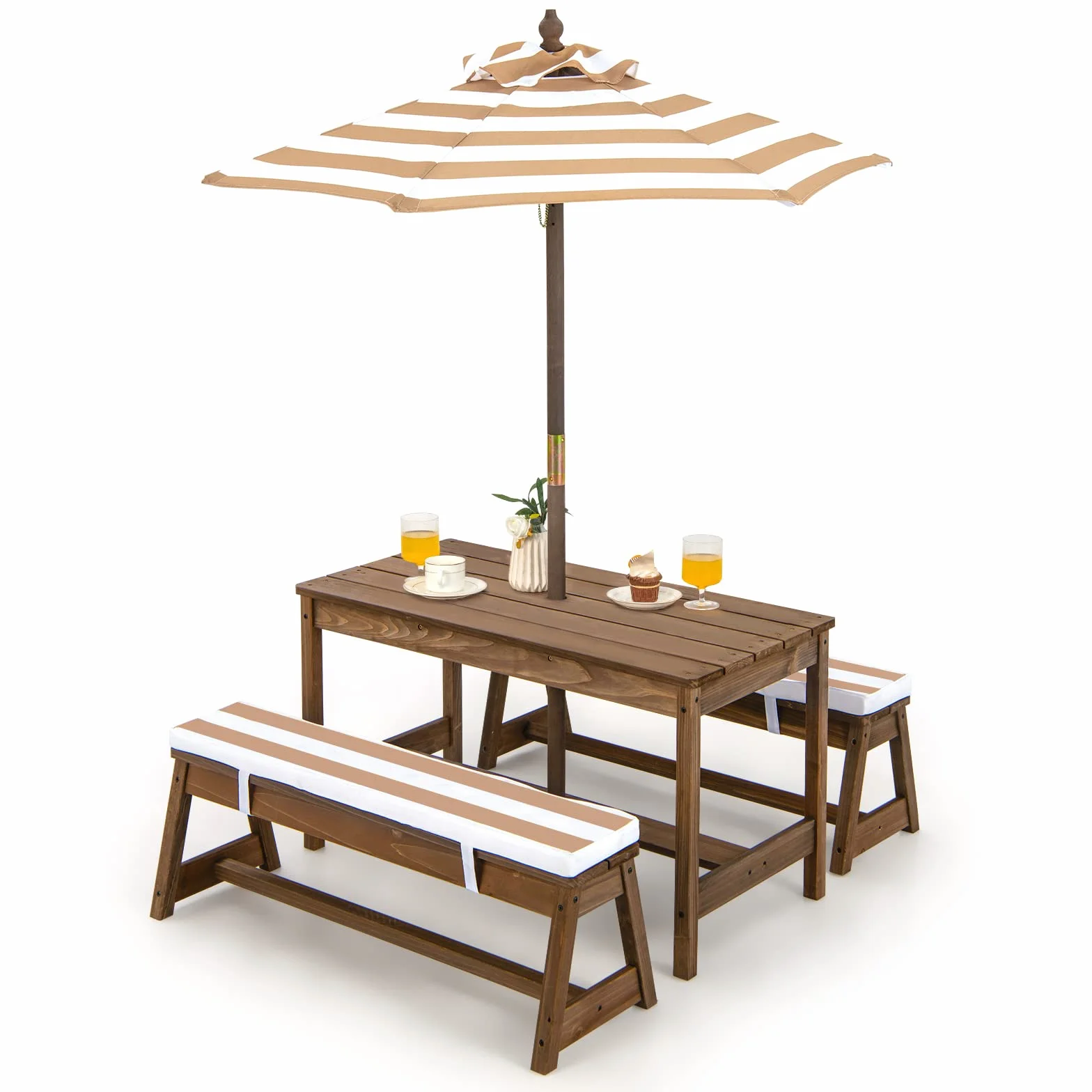 COSTWAY Table de Pique-Nique Enfants avec Parasol Réglable, Salon Jardin Bois Coussins, 89 x 44 x 50 cm Marron