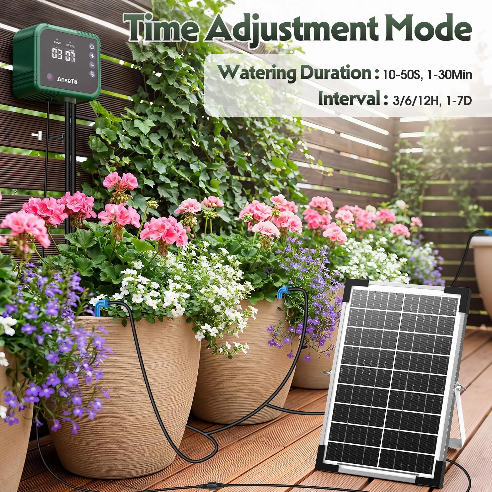 Kit Arrosage Goutte à Goutte Solaire 8 W avec Minuterie Intégrée, Tuyau 35M et 30 Goutteurs pour Jardin