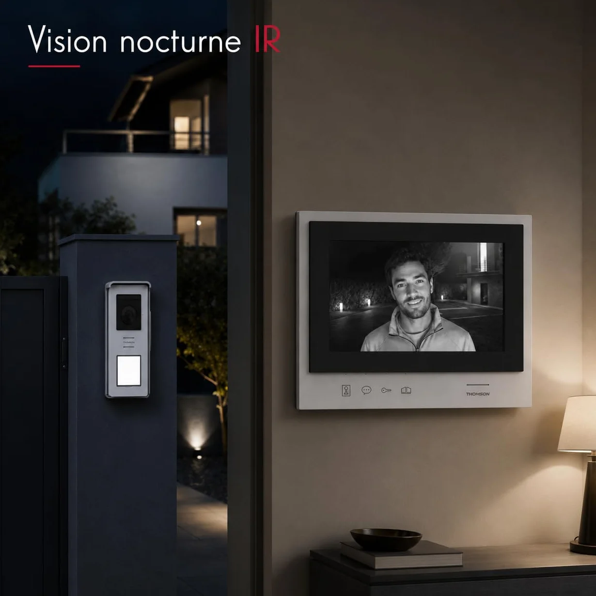 THOMSON Visiophone sans Fil HD Écran 7'' Portée 350m SD 8 Go Vision Nocturne IR Double Commande Portillon/Portail