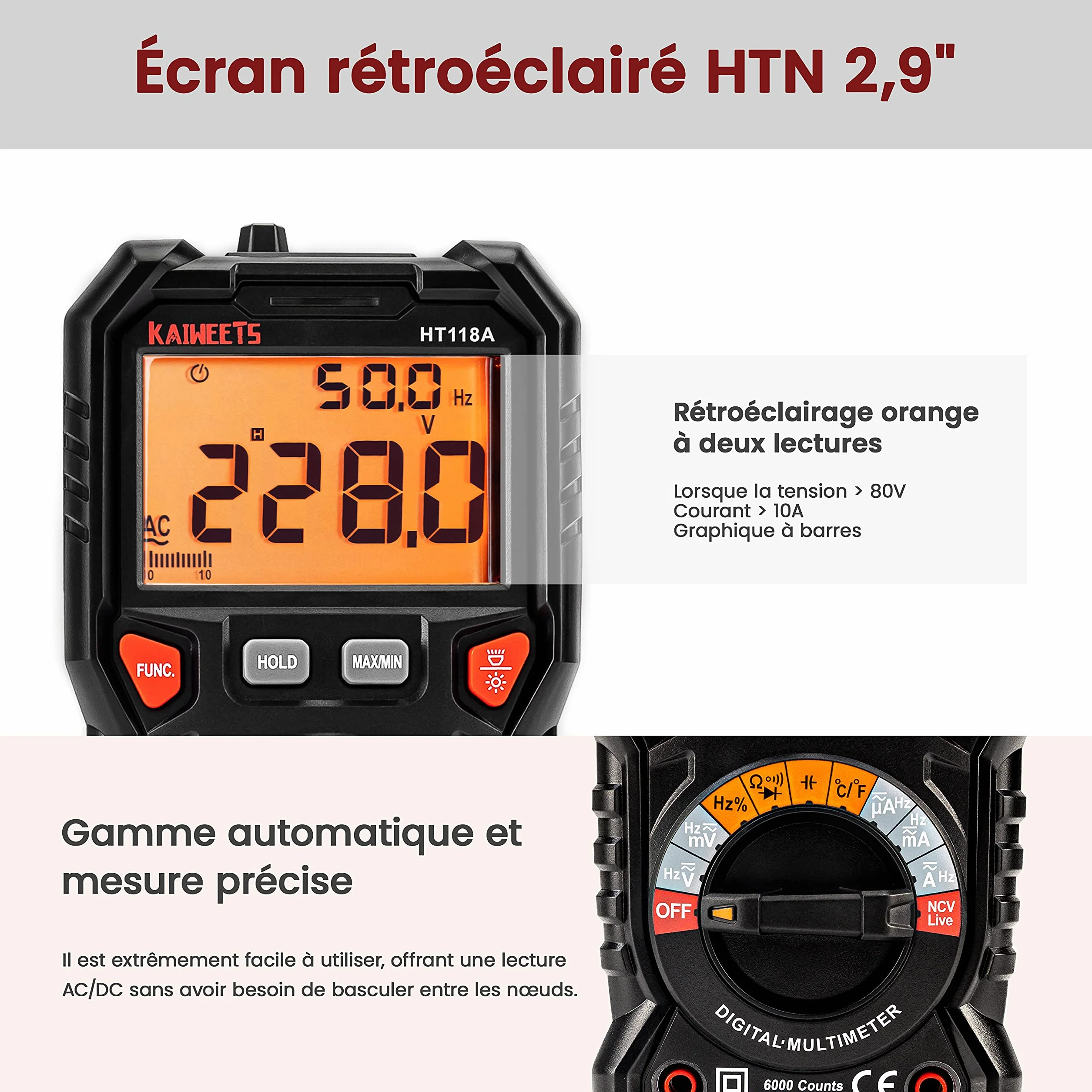 KAIWEETS Multimètre Automatique Numérique, TRMS 6000 Comptes (Guide de Bornes LED), Ampèremètre, Testeur Electrique Professionnel, Température Capacimètre Tension/Courant CA/CC Résistance/Fréquence