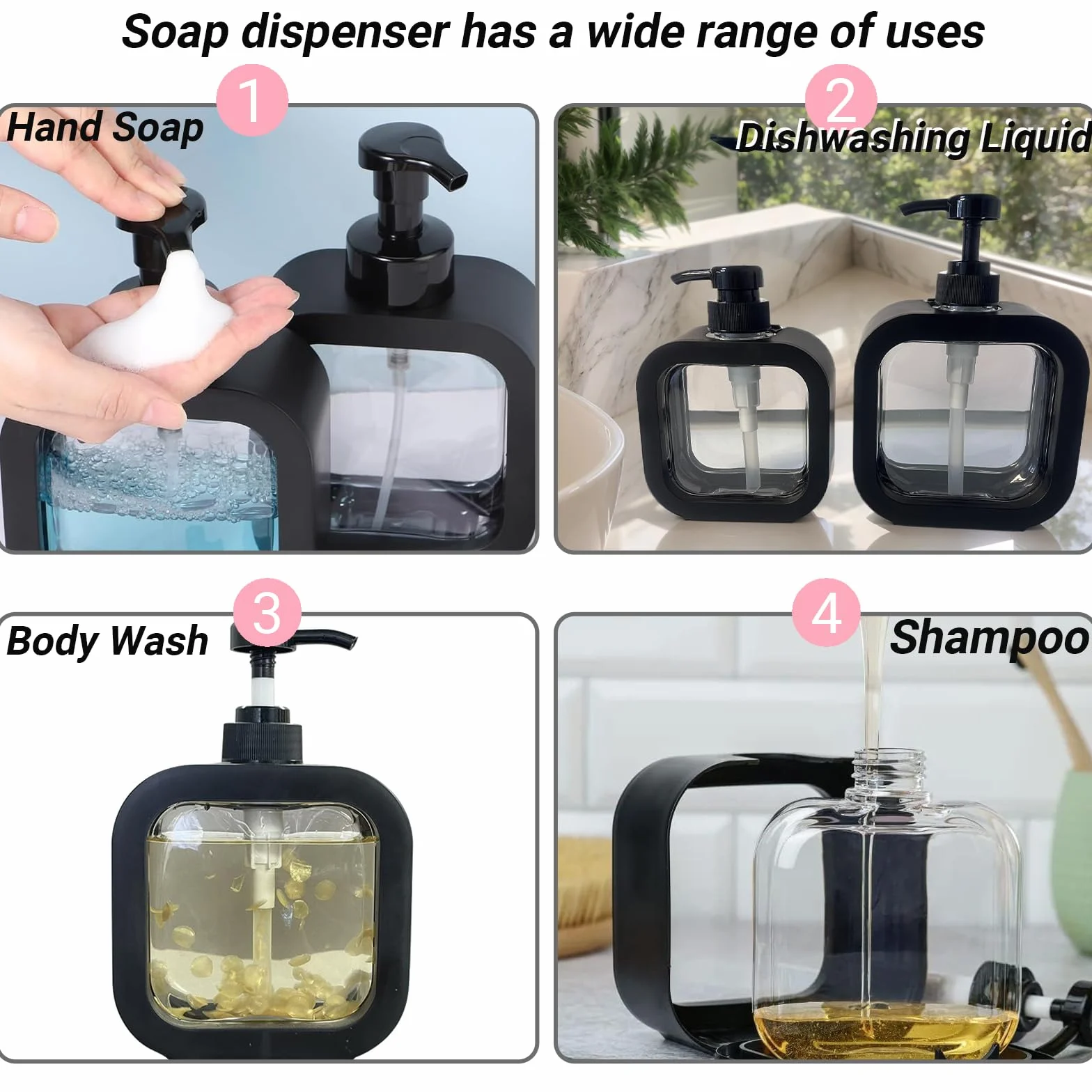 2 Pièces Noir Distributeur Savon WISIRENT, Distributeur Liquide Vaisselle Soap Dispenser, Flacon Pompe Vide Transparent Flacon Pompe Vide, Distributeur Gel Douche et 1 Entonnoir Pliable (500ml&300ml)