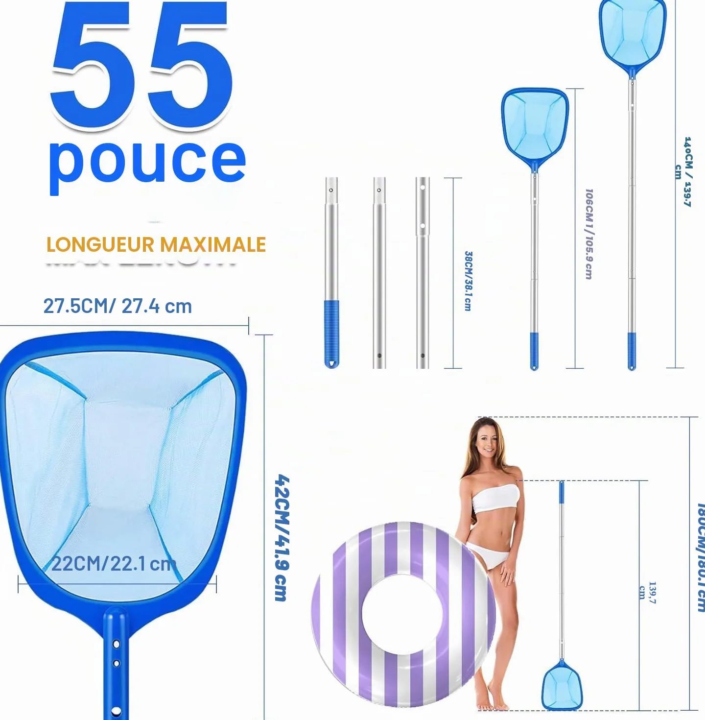 Épuisette de Piscine avec Perche Télescopique 98cm Aluminium, Kit Nettoyage Professionnel