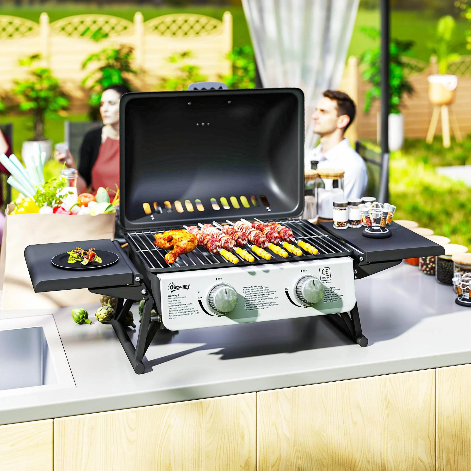 Outsunny Barbecue gaz de table transportable 2 brûleurs 5,6 kW avec grille de cuisson noir