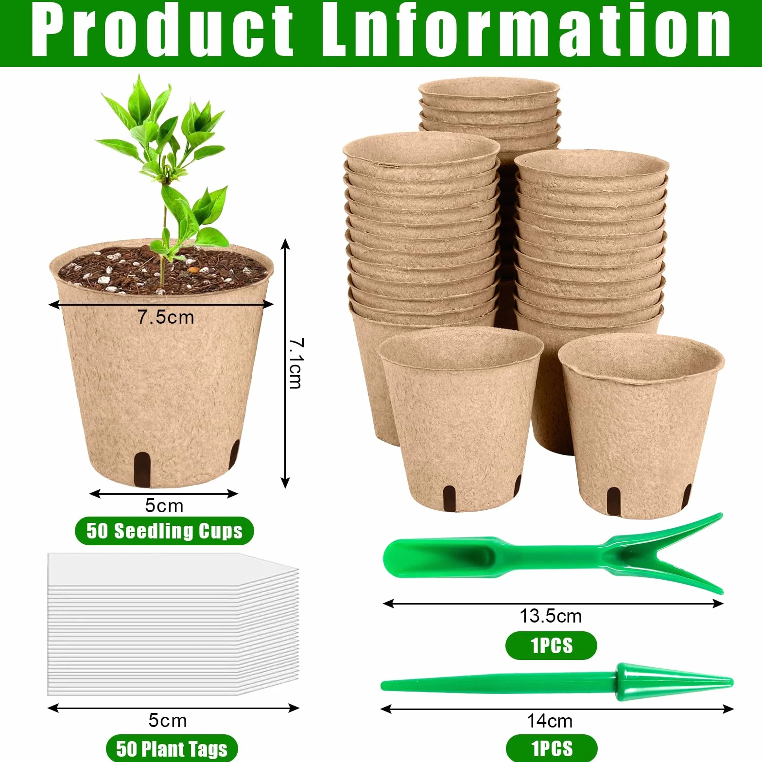 Godets pour Semis 8cm, 50 Pièces Kit de Pots de Semis en Fibre Biodégradable avec Étiquettes et Outils