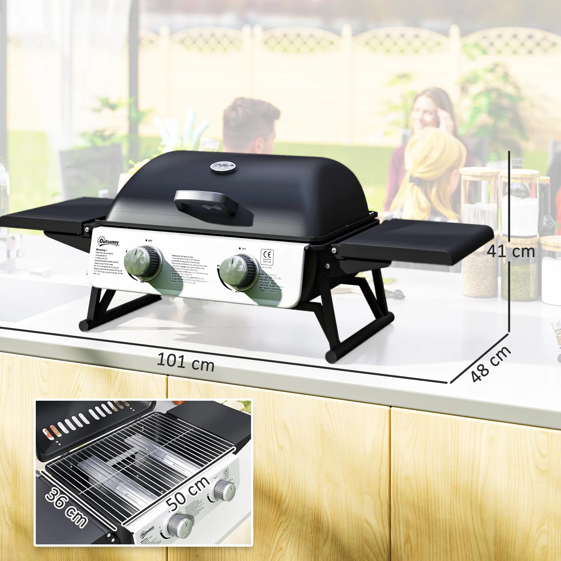 Outsunny Barbecue gaz de table transportable 2 brûleurs 5,6 kW avec grille de cuisson noir