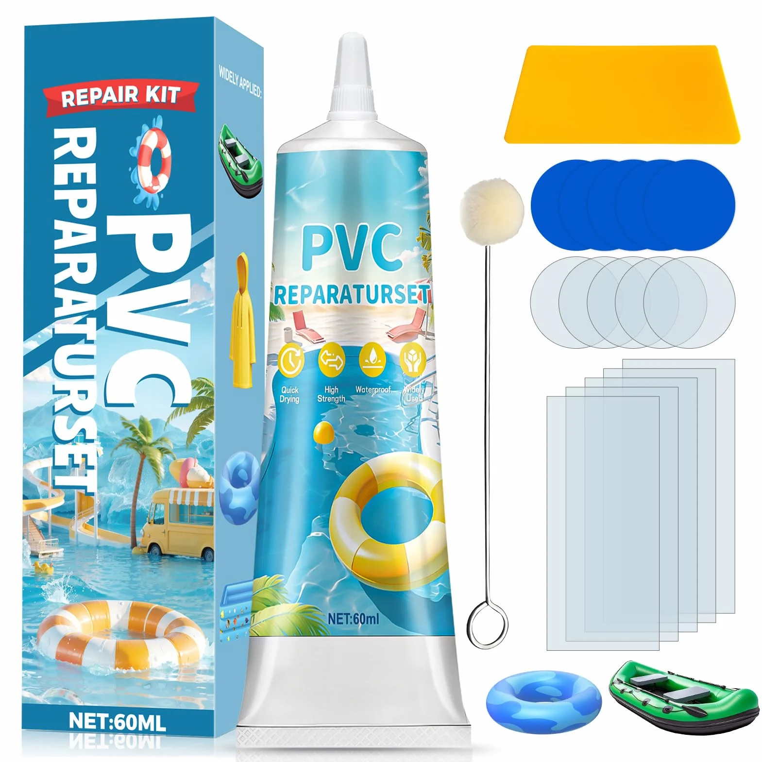 Kit de Réparation Piscine Colle PVC Rustine Matelas Gonflable Étanche 60ml