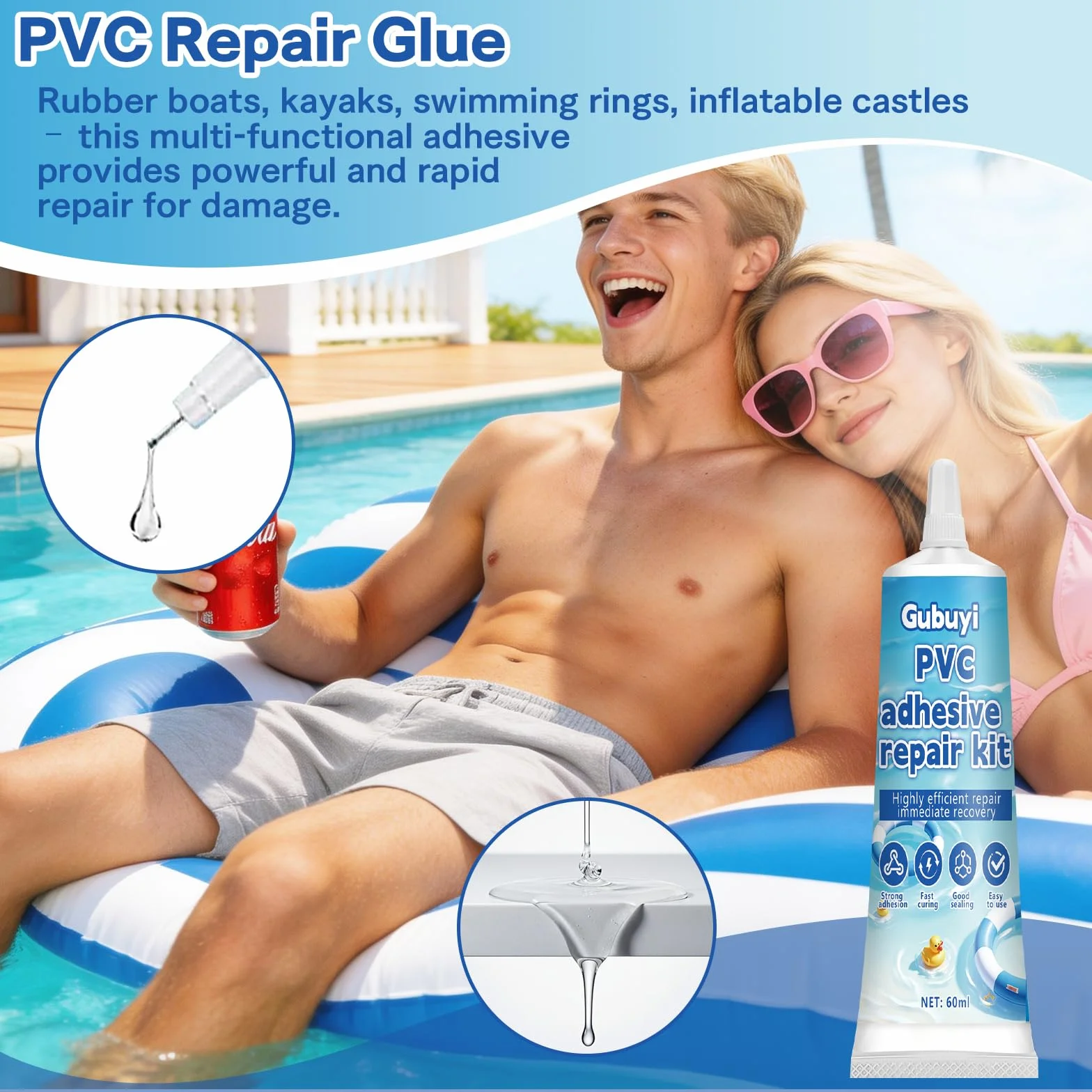 Kit Réparation Piscine 60ml, Rustine Transparente Imperméable, Colle PVC pour Matelas Gonflable et Liner
