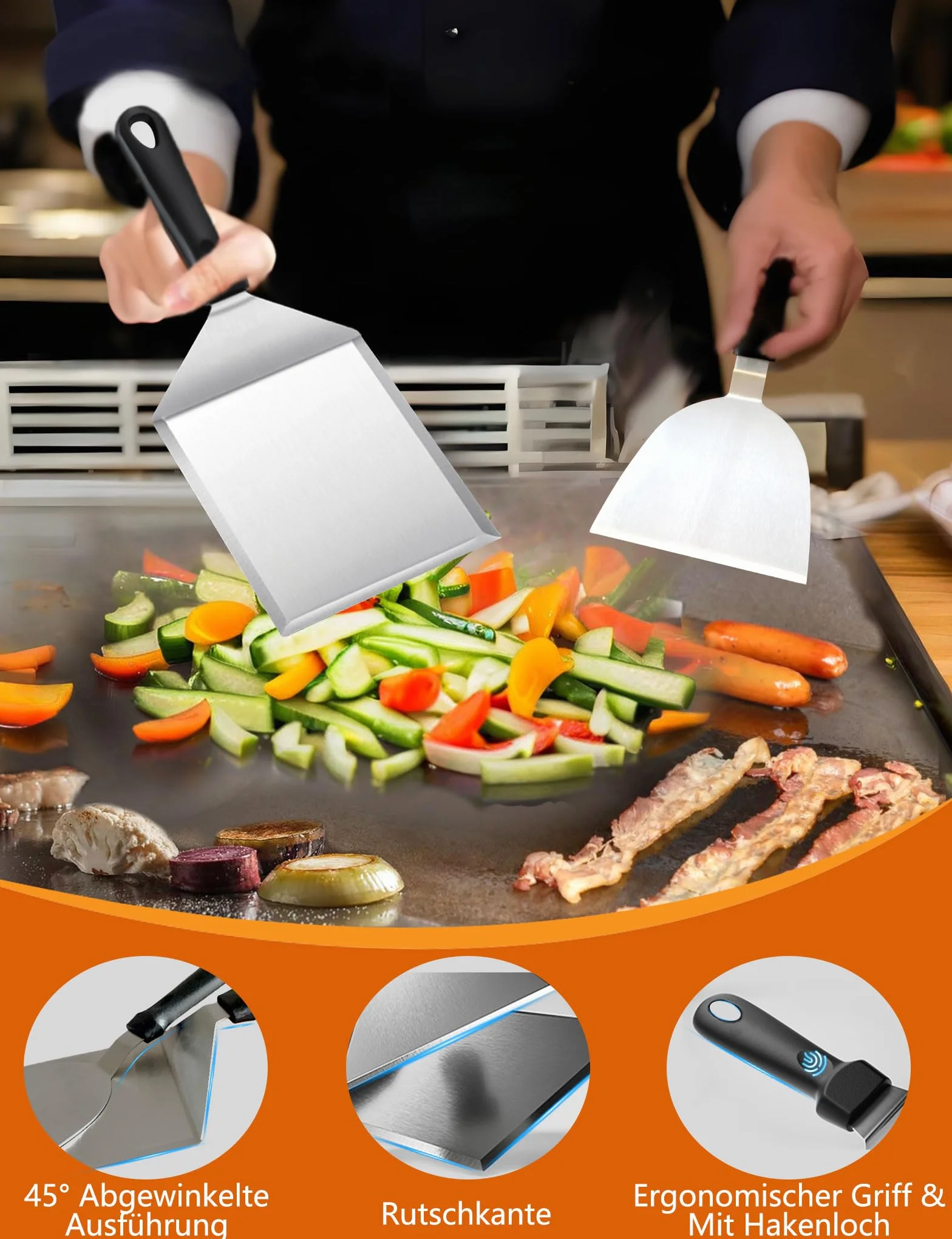 Kit Ustensiles Barbecue 4 pièces avec Presse Burger Fonte et Spatules Coudée Acier Inoxydable Cloche Plancha Smash Burger Press Set BBQ