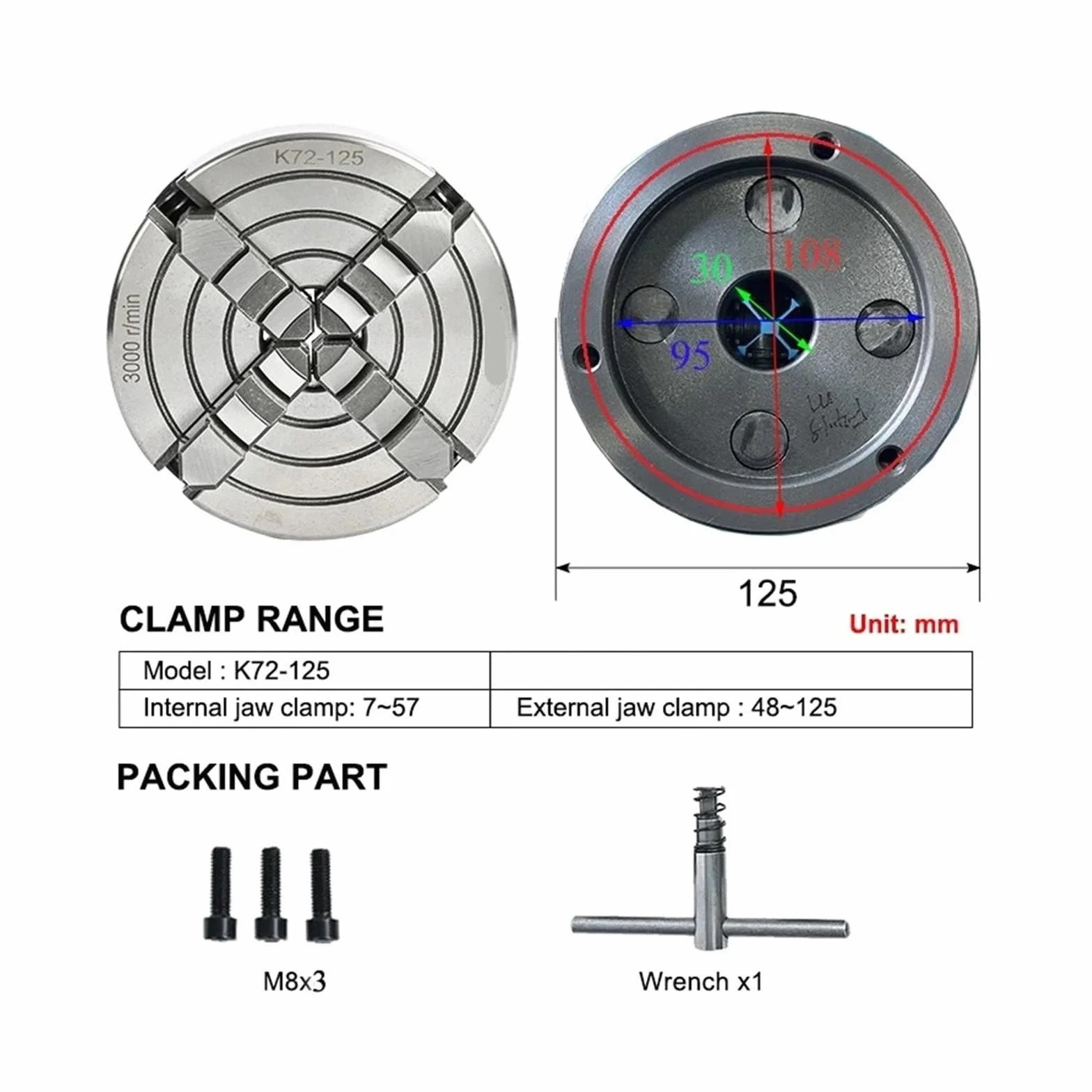 mandrin de Tour Mandrin de Tour 125 mm Mandrin indépendant à 4 Mors K72-125 avec Installation à 3 Trous à l'arrière