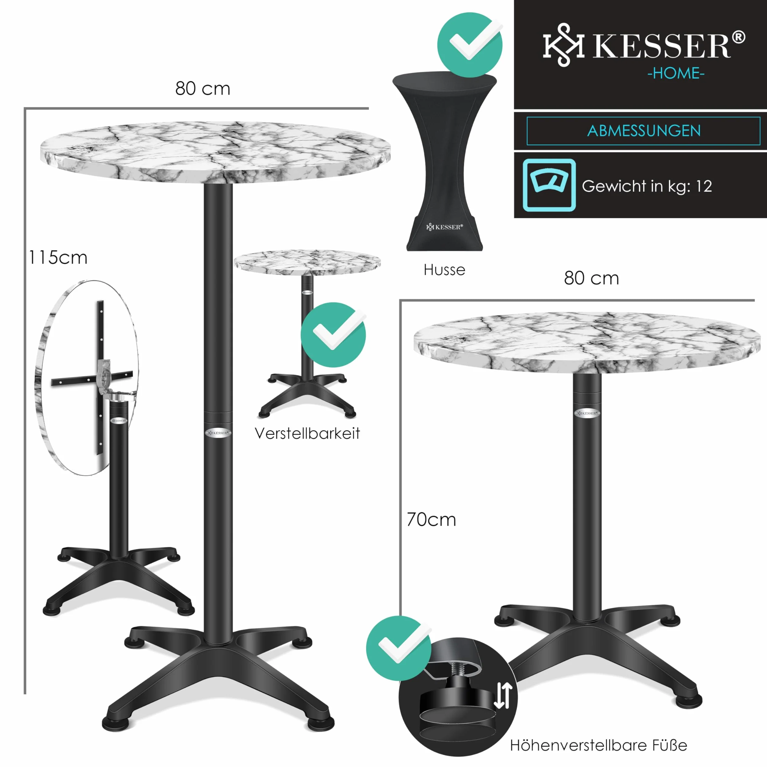 KESSER Table de bistrot pliable 2 en 1 - Plateau aluminium acier inoxydable - Hauteur réglable 70/115 cm - Ø 80 cm - Table pliante intérieur extérieur