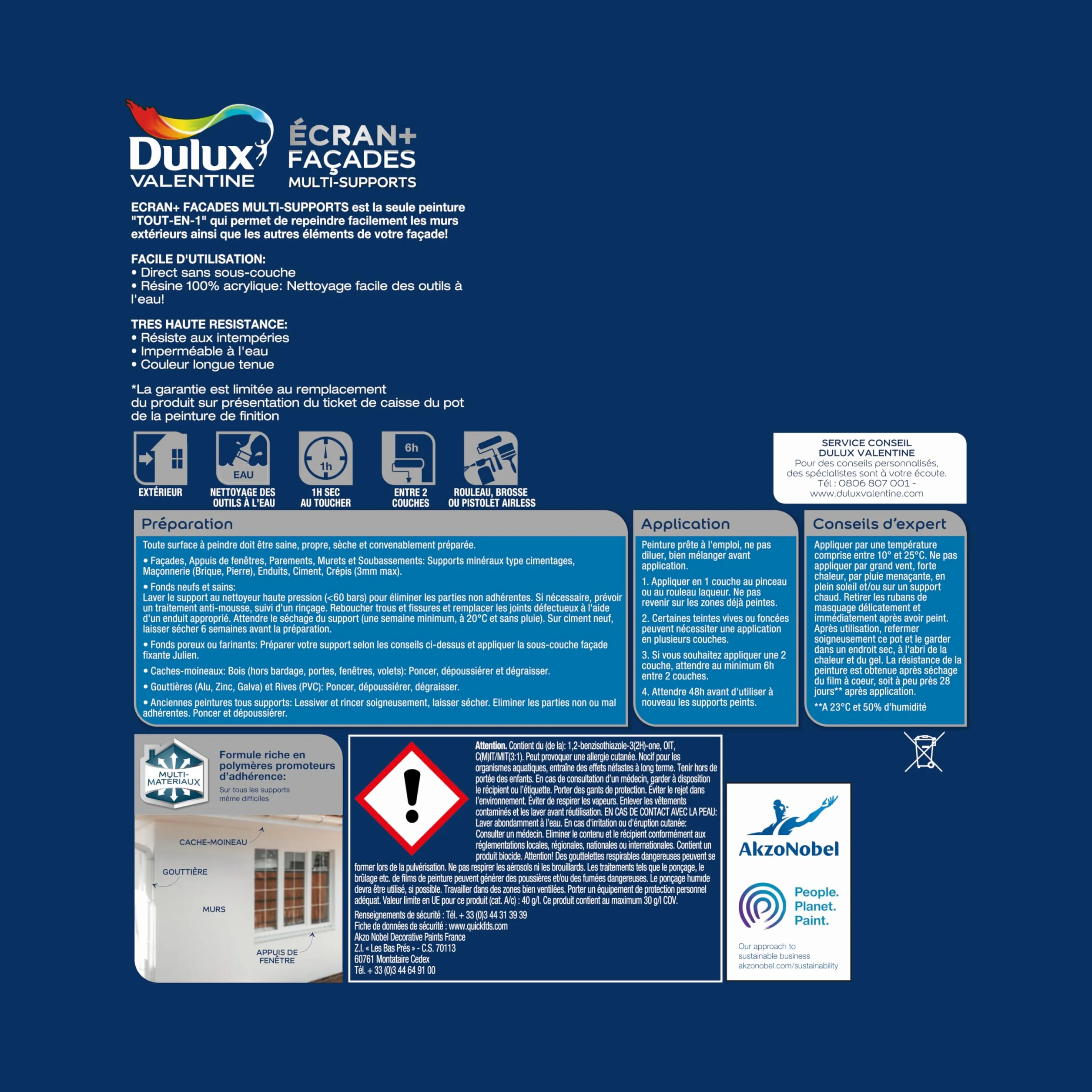 Dulux Valentine Peinture Ecran+ Multi-Supports Extérieure Façades - Crépis, Briques, Ciment, Enduit, Alu, Zinc, PVC - Couleur Longue Tenue - Mat Gris Anthracite 2,5L