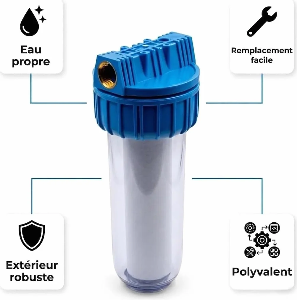 Filtre à eau 1" Cartouche remplaçable 8 bar Kit complet avec clé et support Filtration sédiments impuretés