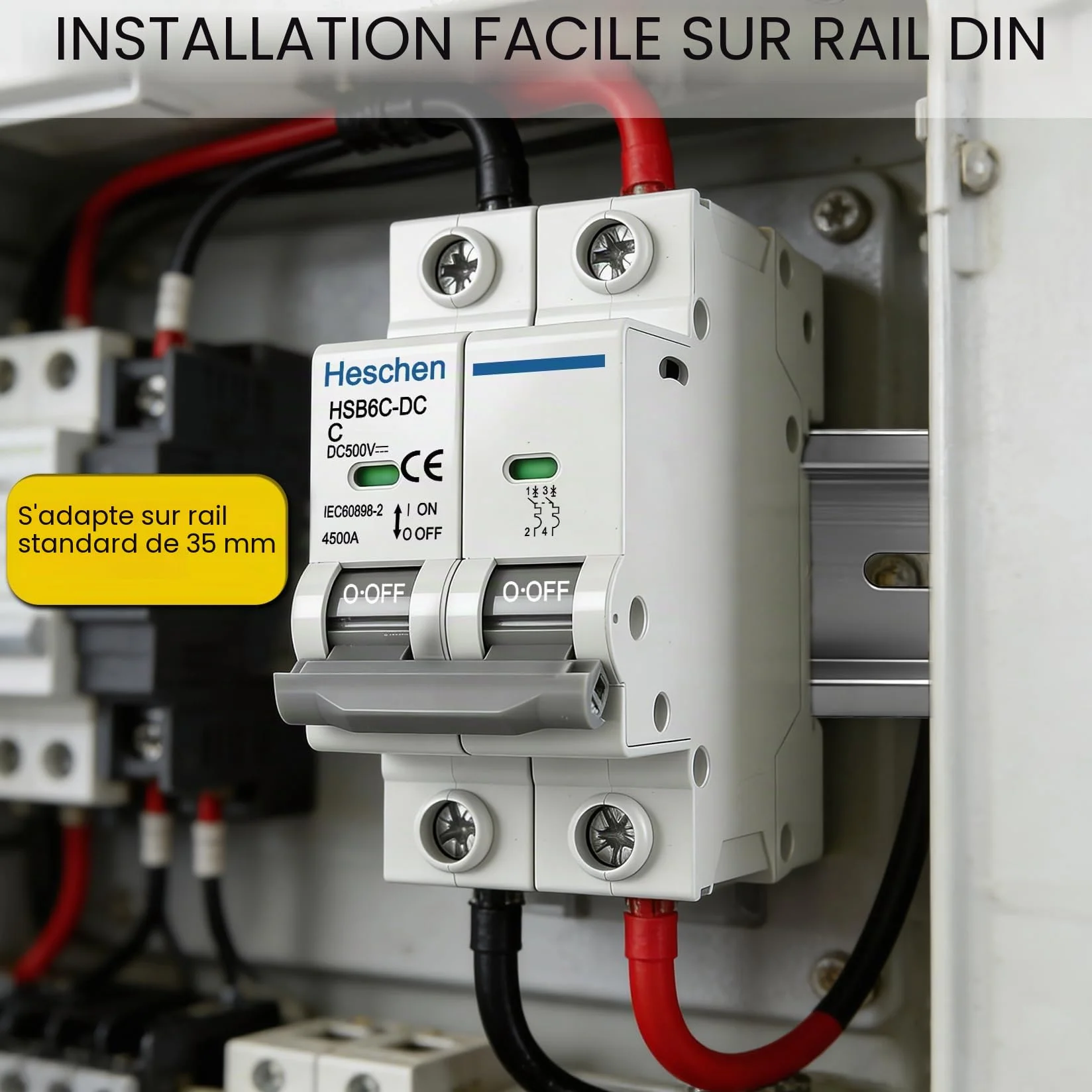 Heschen Disjoncteur miniature CC HSB6C-DC, 2 pôles, DC500 V 32 A, photovoltaïque, système solaire PV, panneau solaire, montage rail DIN 35 mm
