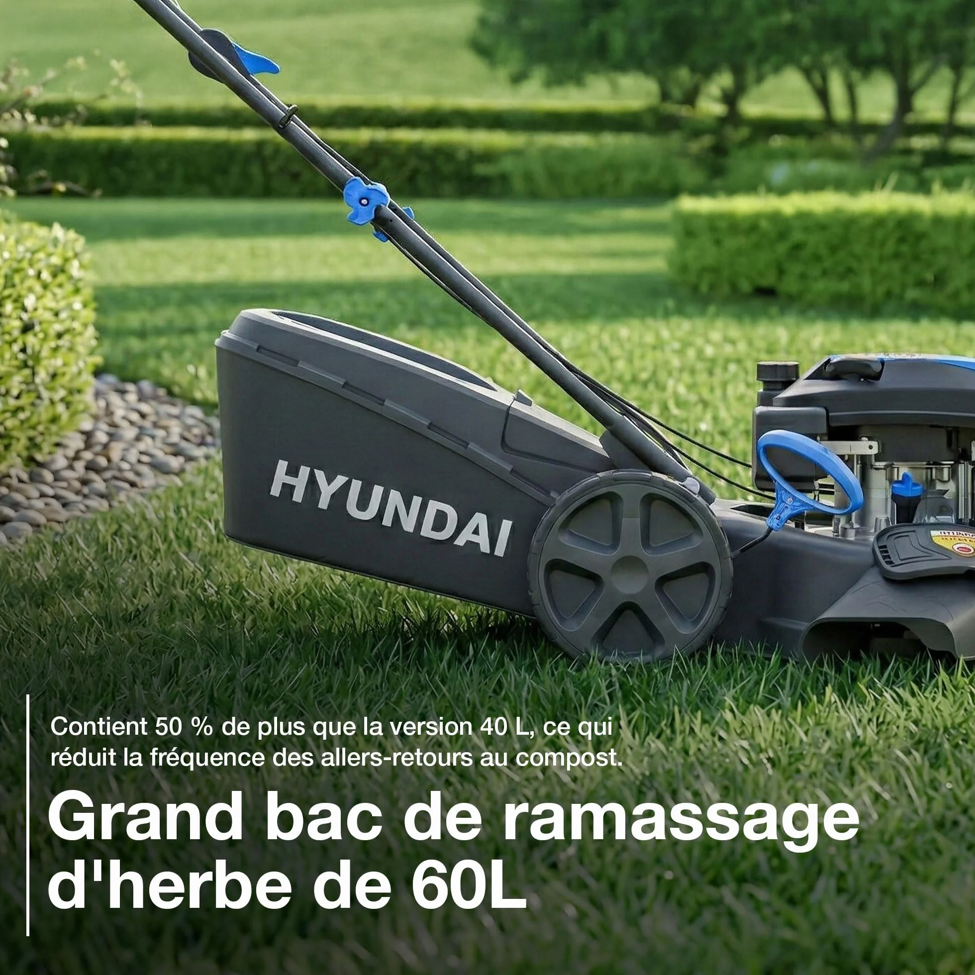 Hyundai Tondeuse à Gazon Thermique Autotractée 46 cm 139 cm3 3,7 CV 4 Temps Bac 60 L Coupe 4-en-1 Mulching Carter Acier HYM18150SPX