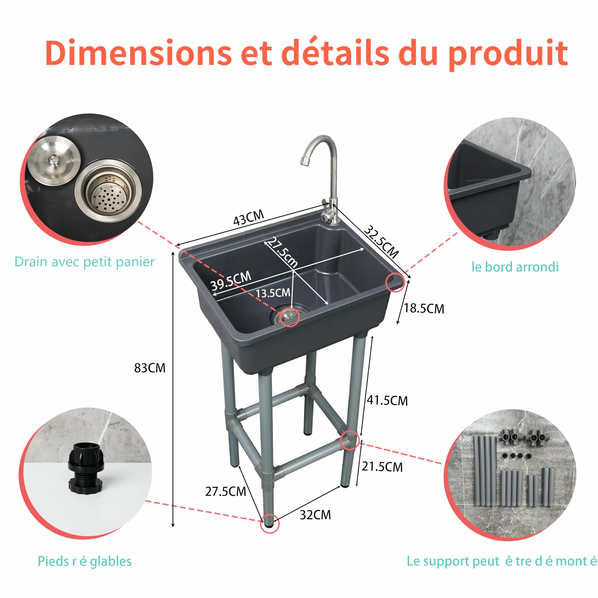 Évier utilitaire mural 42 x 32 cm avec trou de robinet 3,2 cm plastique