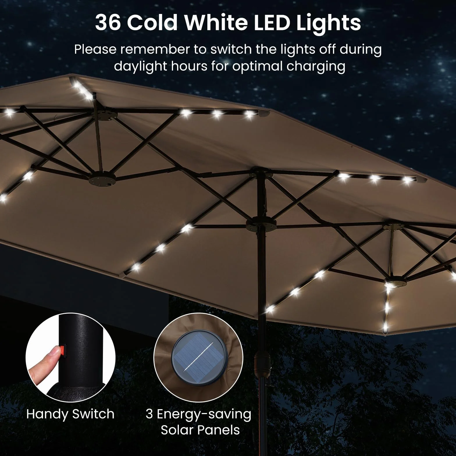 COSTWAY Parasol de Jardin Exterieur 4 x 2 m LED Solaires Double Rectangulaire avec Manivelle Marron