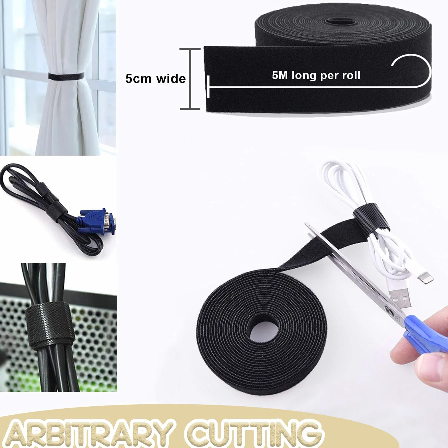 TEUVO Attache Câble Scratch, 50mm X 5M Non Adhésif Serre Câble Bande pour Cable Gestion, DIY Artisanat et Fixation des Rideaux, Réutilisables Cable Management Scratch Rouleau pour Accueil et Bureau