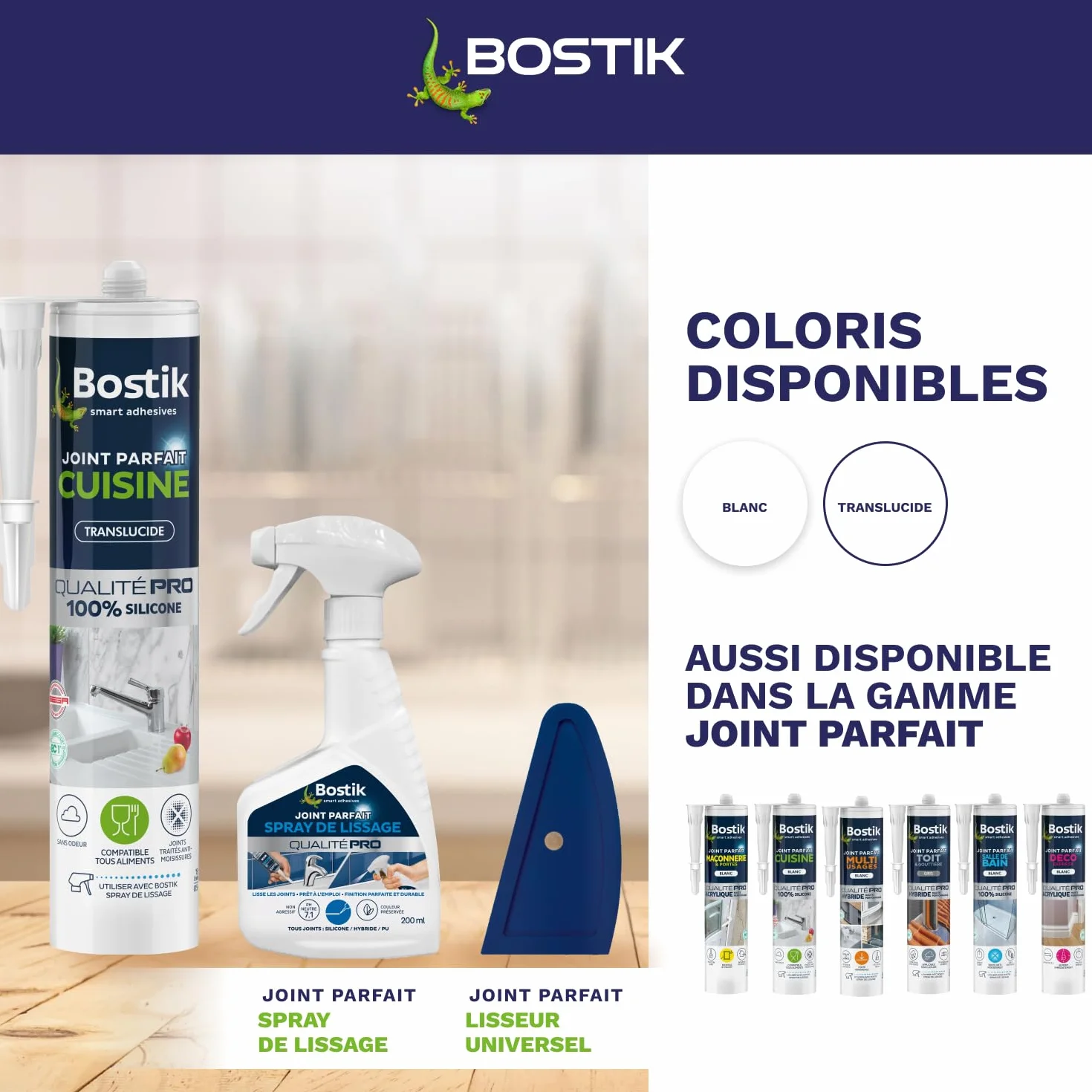 Bostik Mastic d’Étanchéité Joint Parfait Cuisine – Jointe Tous Matériaux – Sans Odeur – Traité Anti-Moisissures – Certifié Contact Alimentaire - Formule 100% Silicone – Couleur : Transparent – 280 ml